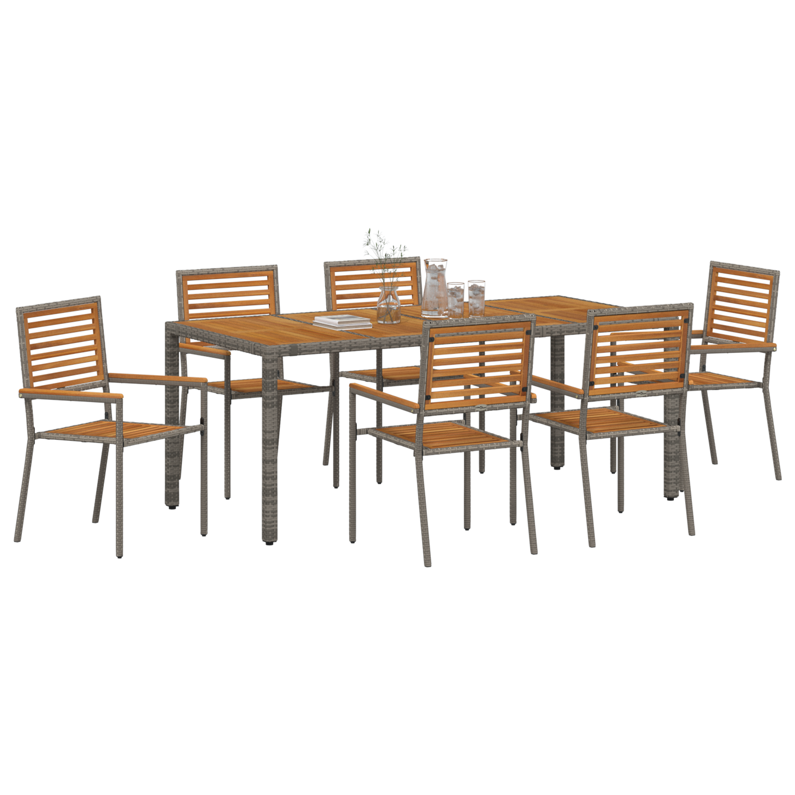 7 Piece Garden Dining Set Grey Poly Rattan Acacia - Image 3