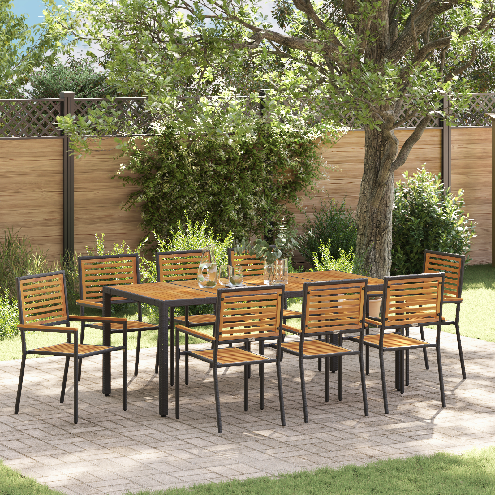9 Piece Garden Dining Set Black Poly Rattan Acacia