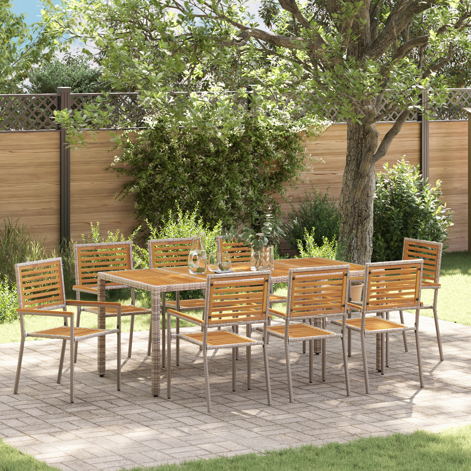 9 Piece Garden Dining Set Grey Poly Rattan Acacia