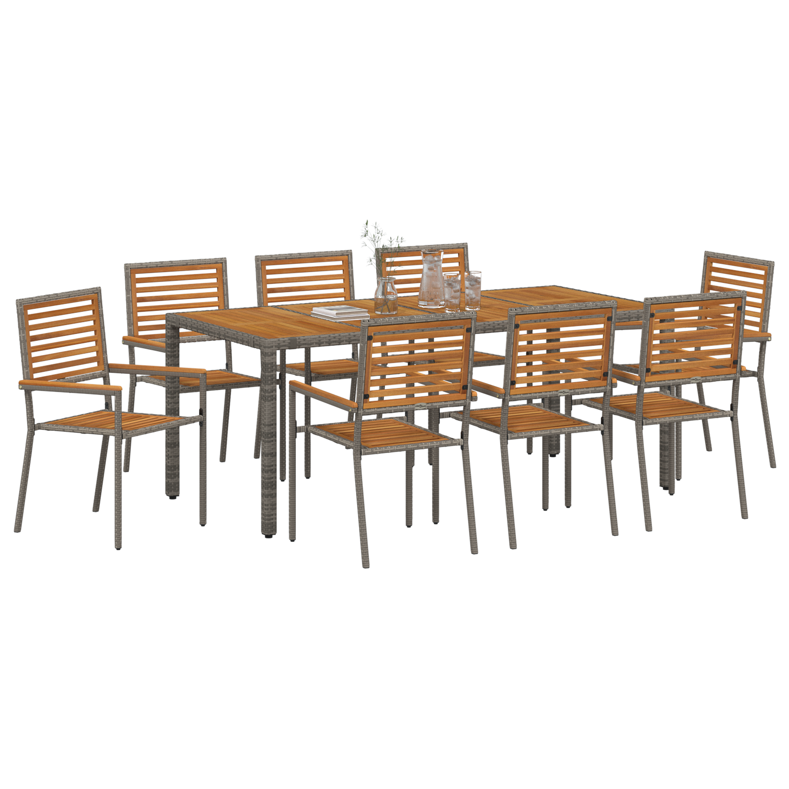 9 Piece Garden Dining Set Grey Poly Rattan Acacia - Image 3