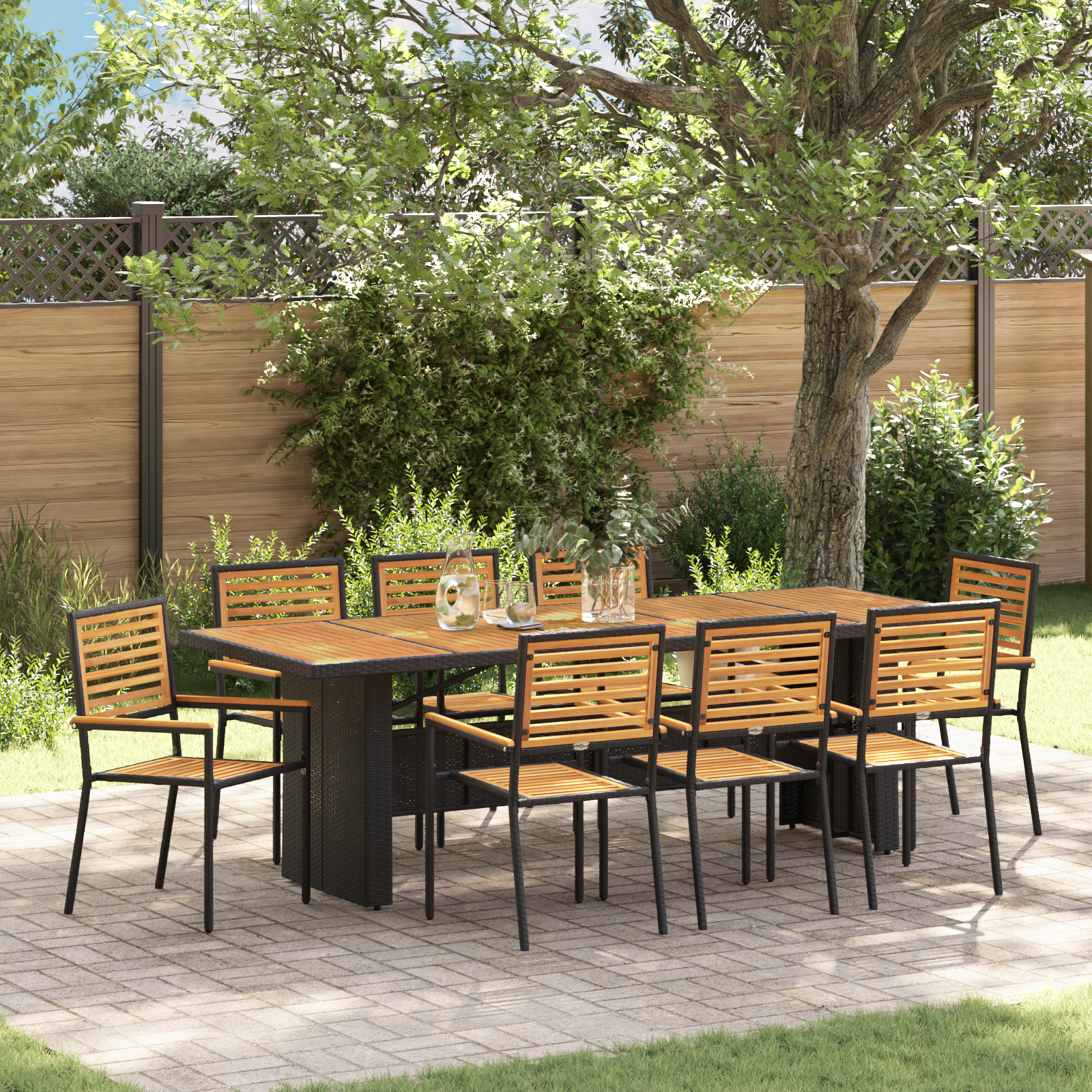 9 Piece Garden Dining Set Black Poly Rattan Acacia