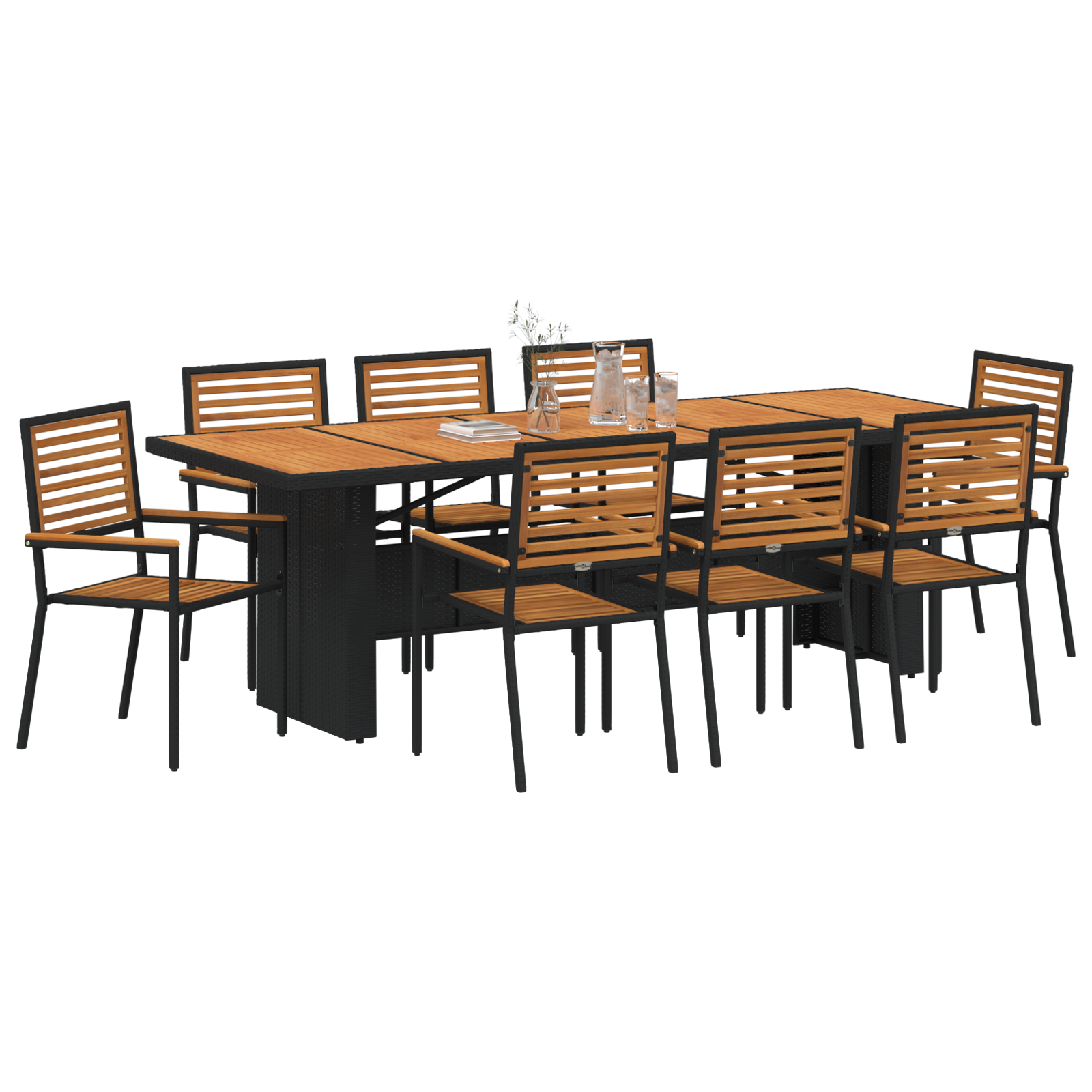 9 Piece Garden Dining Set Black Poly Rattan Acacia - Image 3