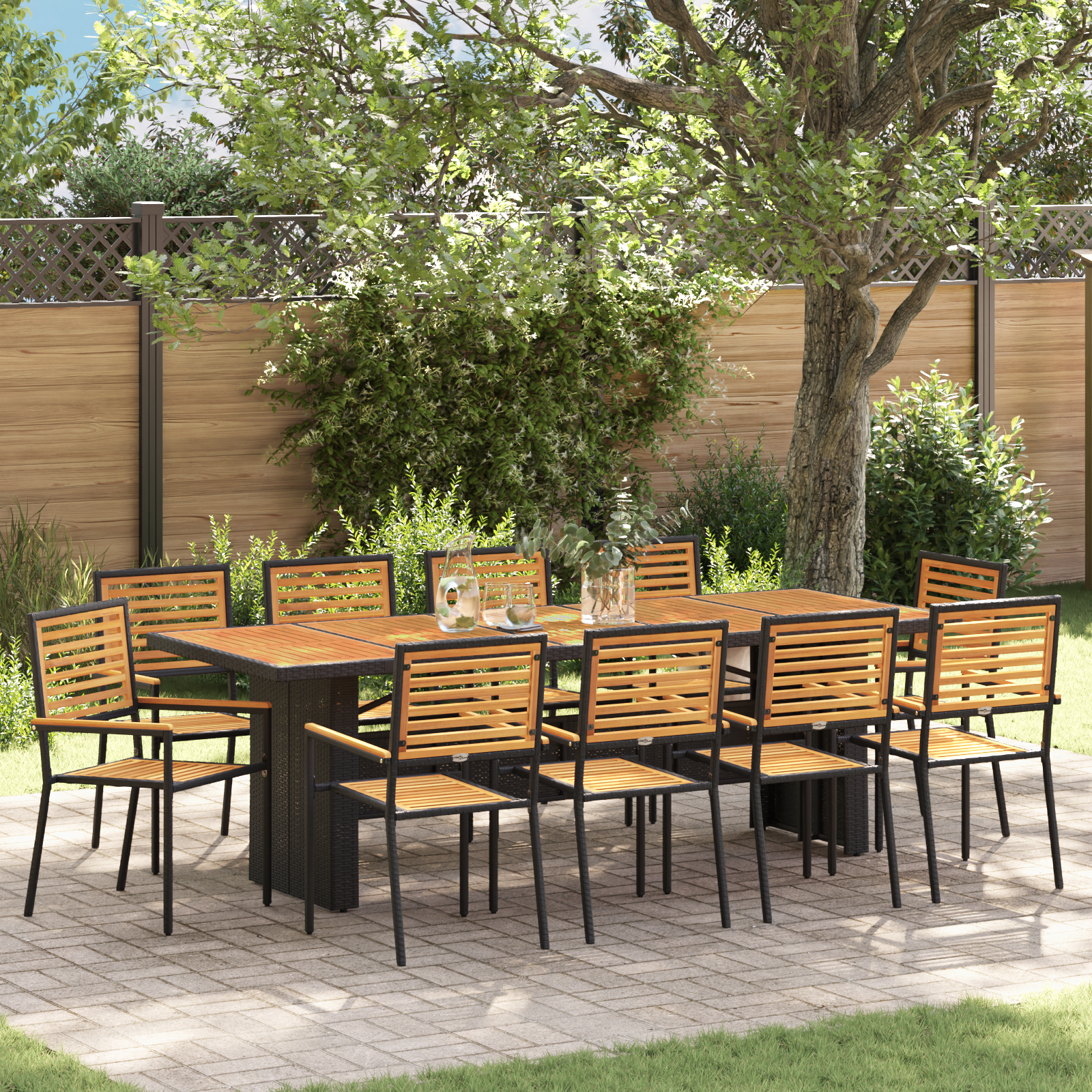 11 Piece Garden Dining Set Black Poly Rattan Acacia