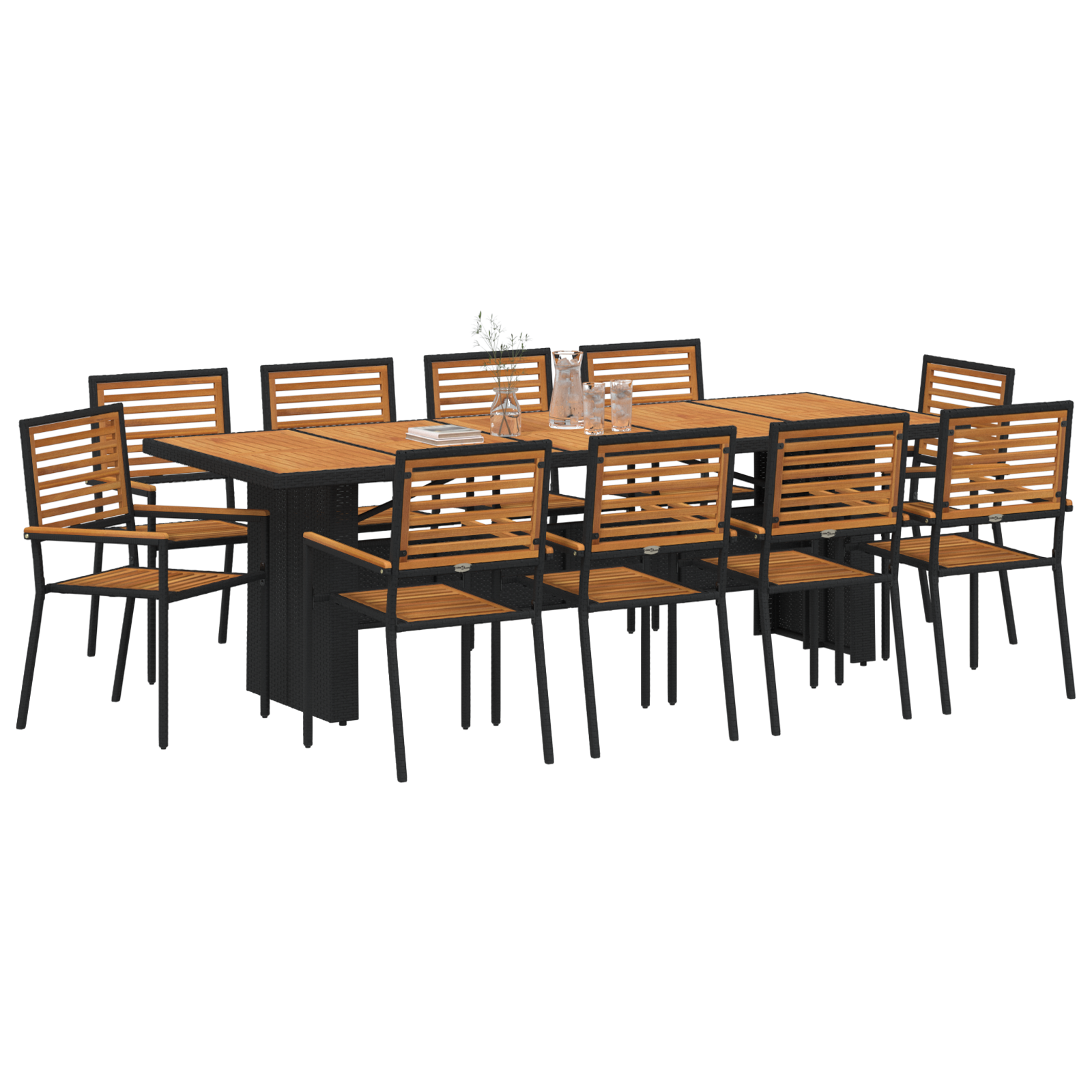11 Piece Garden Dining Set Black Poly Rattan Acacia - Image 3