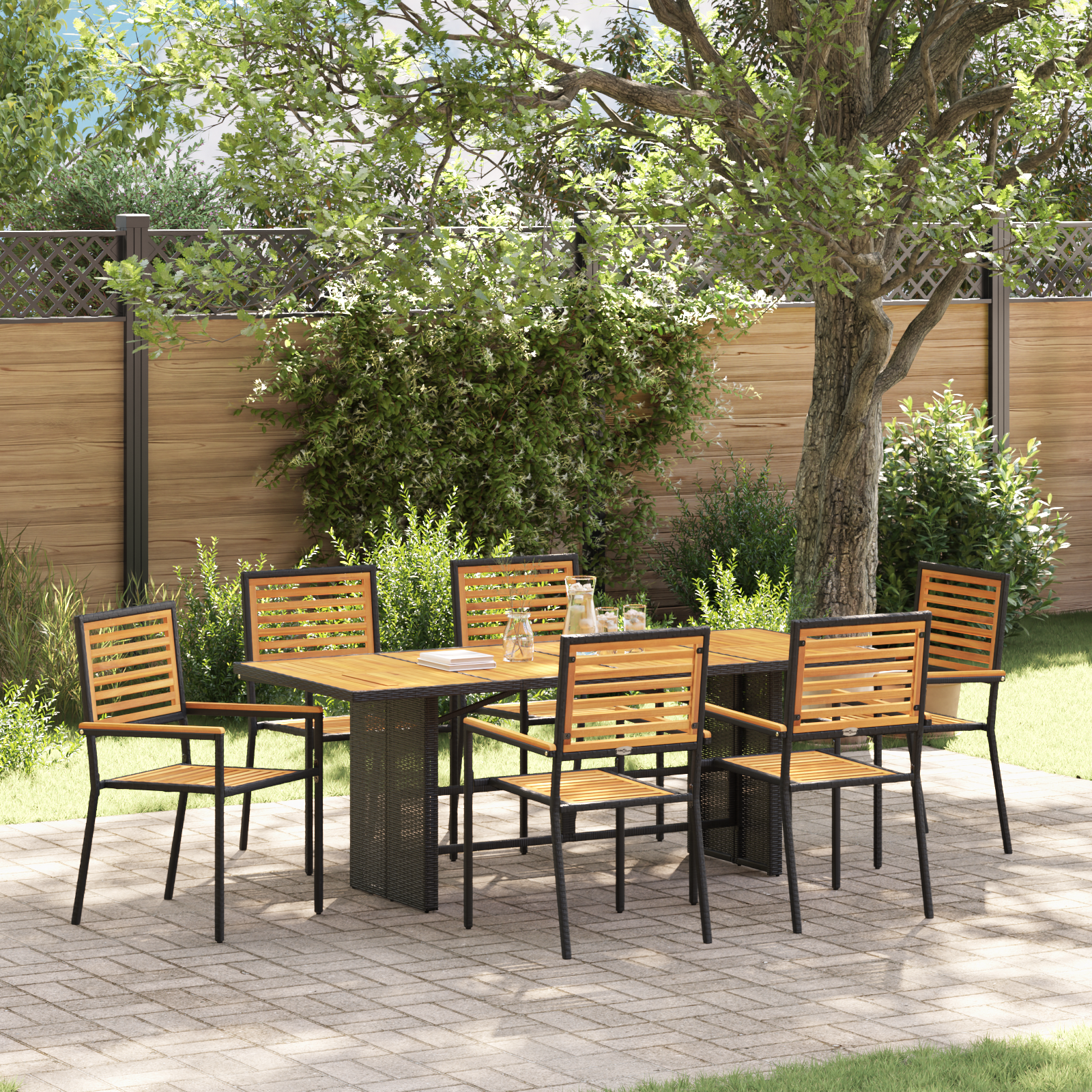 Thumbnail - vidaXL 7-teiliges Garten Esszimmer Set Schwarz Poly Rattan Akazie