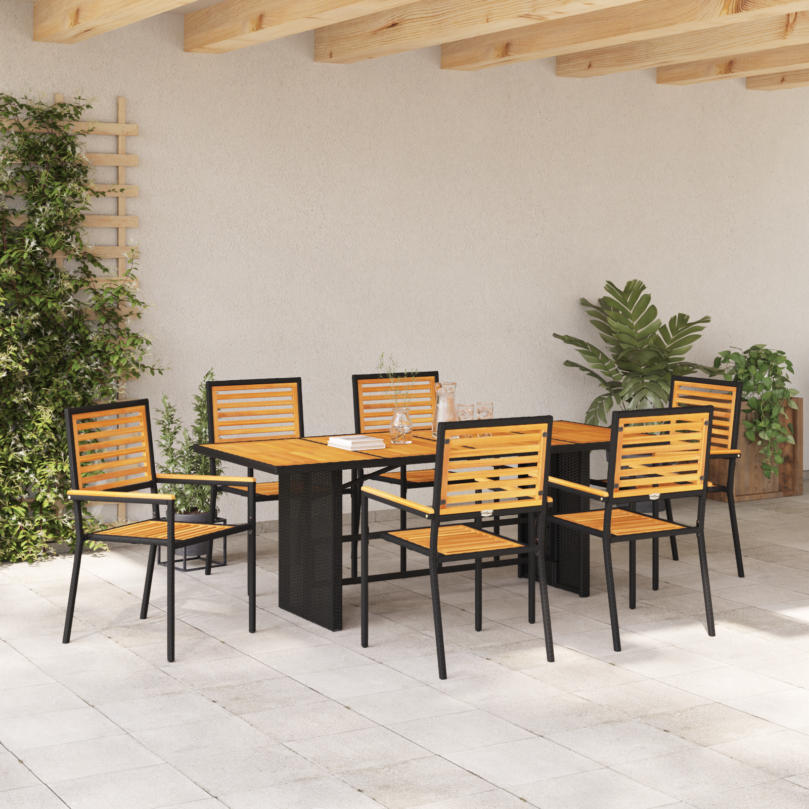 7 Piece Garden Dining Set Black Poly Rattan Acacia - Image 4