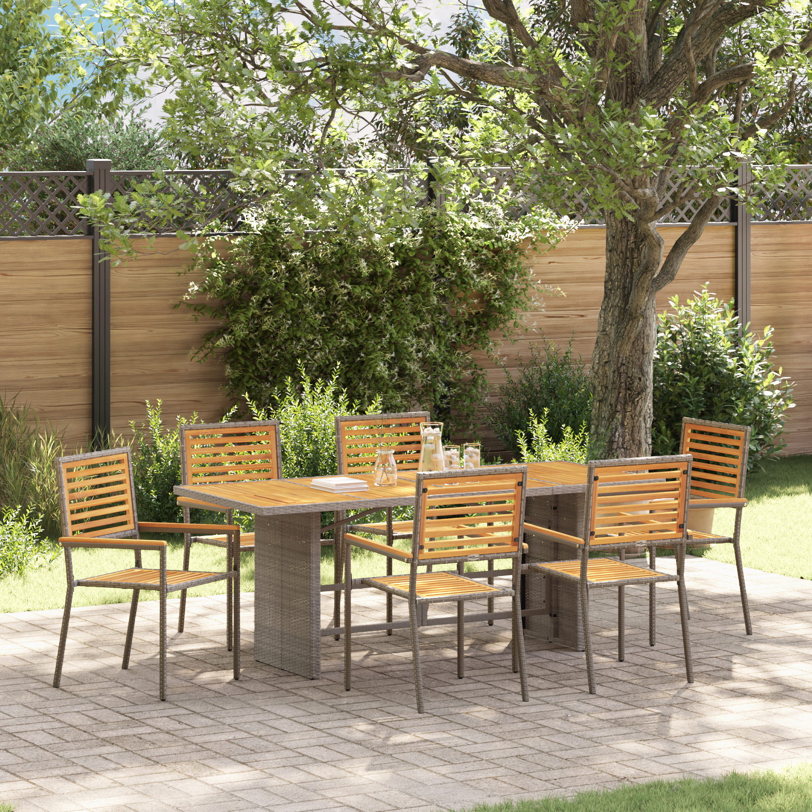 7 Piece Garden Dining Set Grey Poly Rattan Acacia