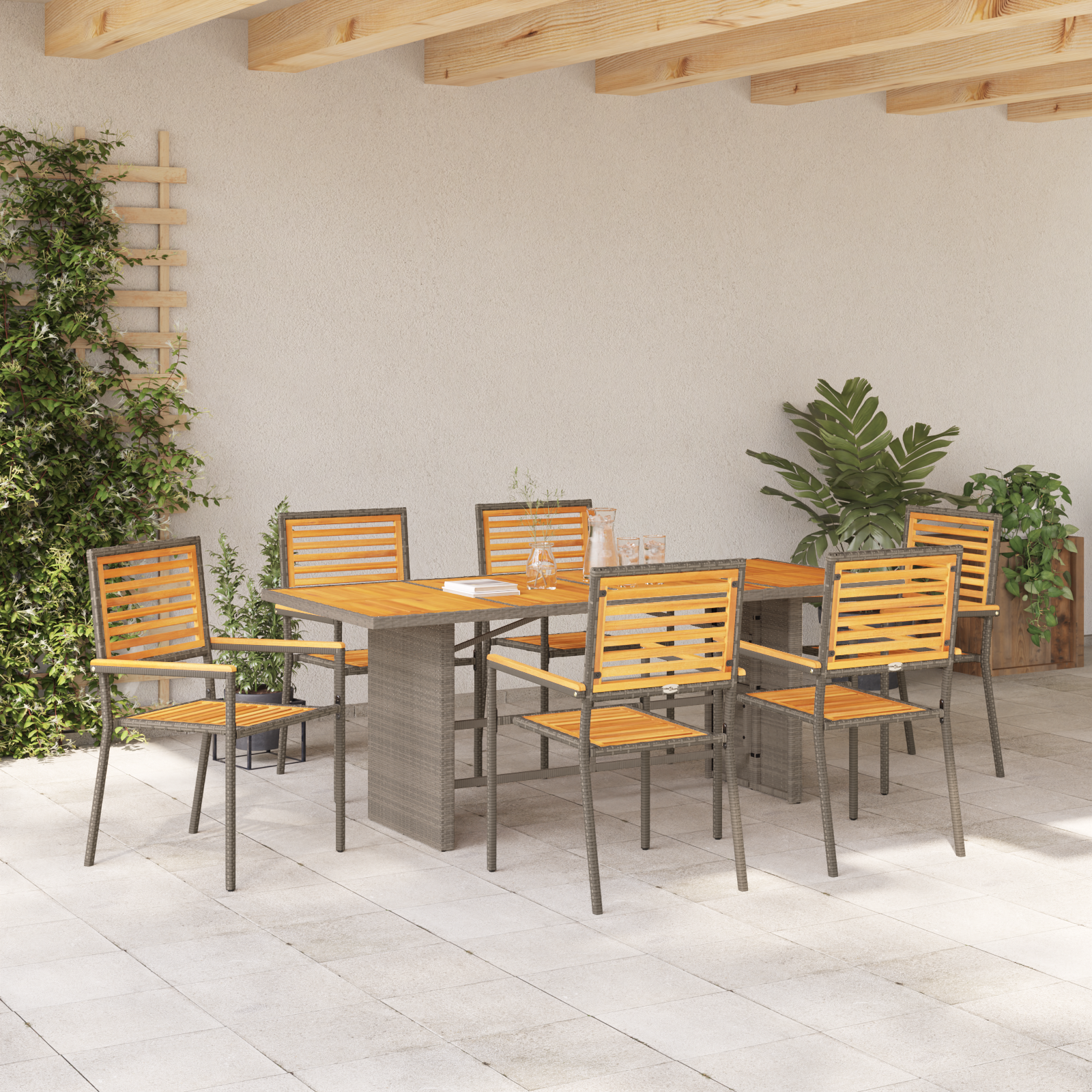 7 Piece Garden Dining Set Grey Poly Rattan Acacia - Image 4