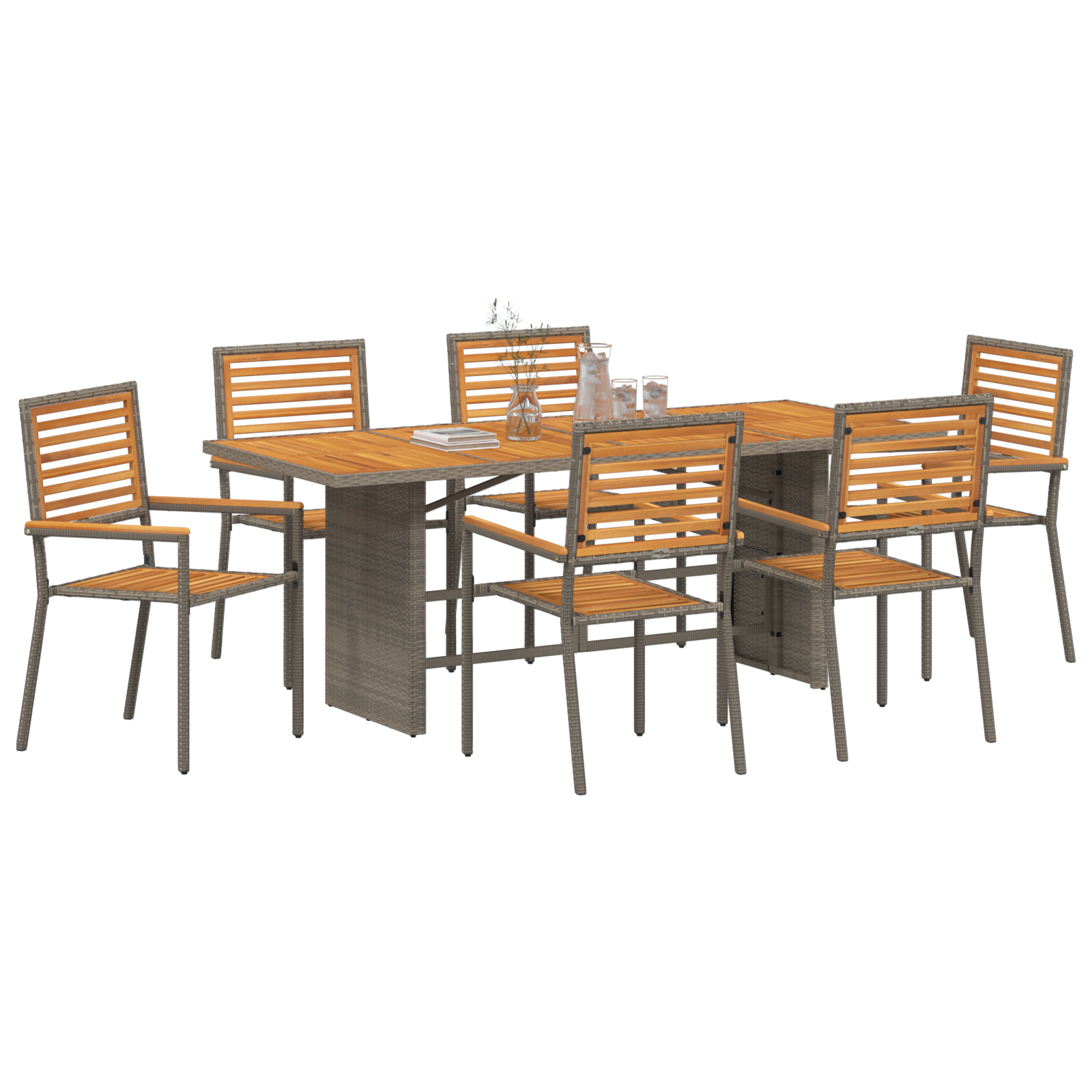 7 Piece Garden Dining Set Grey Poly Rattan Acacia - Image 3