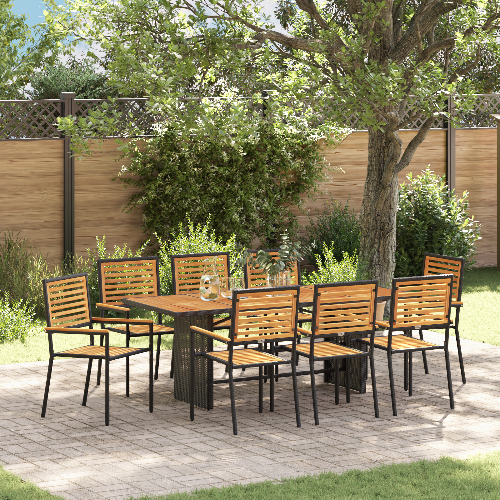 9 Piece Garden Dining Set Black Poly Rattan Acacia