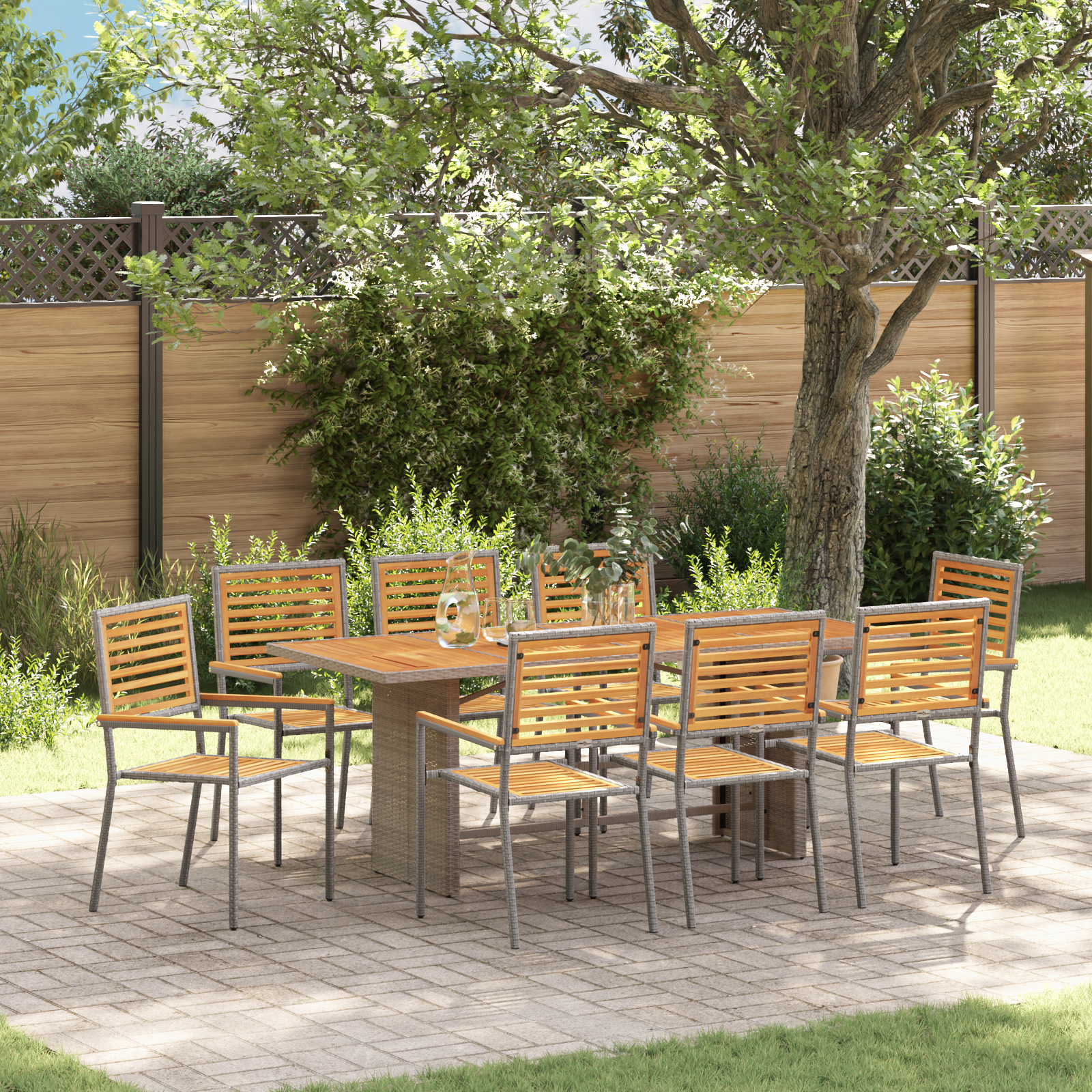 9 Piece Garden Dining Set Grey Poly Rattan Acacia