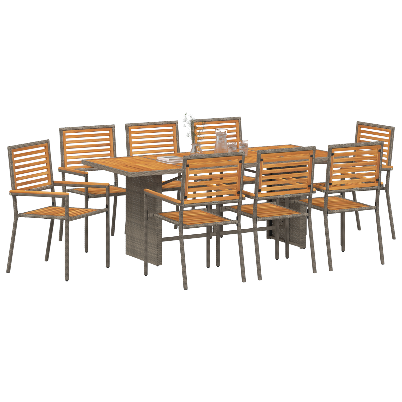 9 Piece Garden Dining Set Grey Poly Rattan Acacia - Image 3
