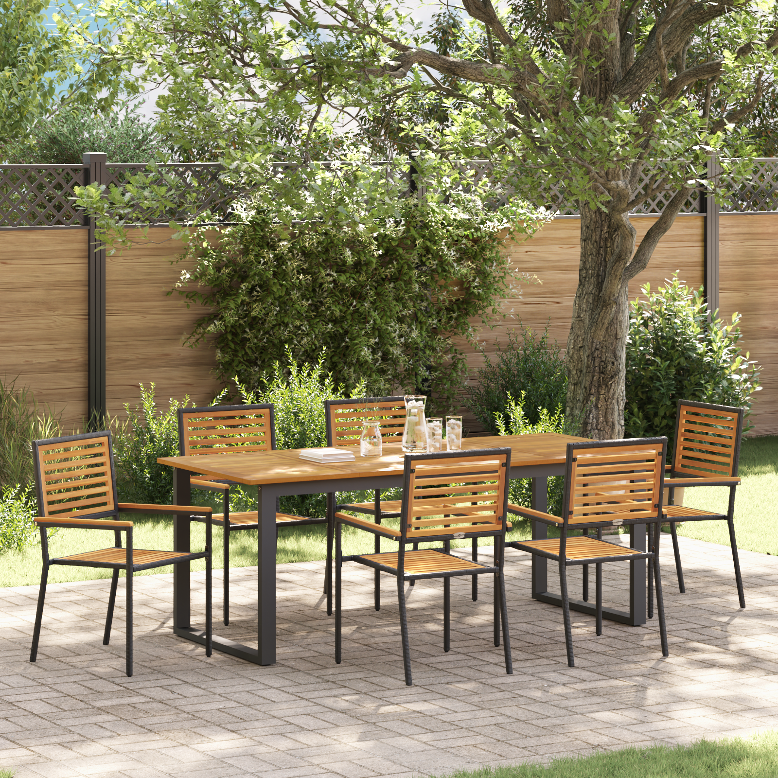 7-членен комплект за обяд на градината Черен полипропилен акация, vidaXL Столове за градината с възглавнички 2 броя Черен полипропилен