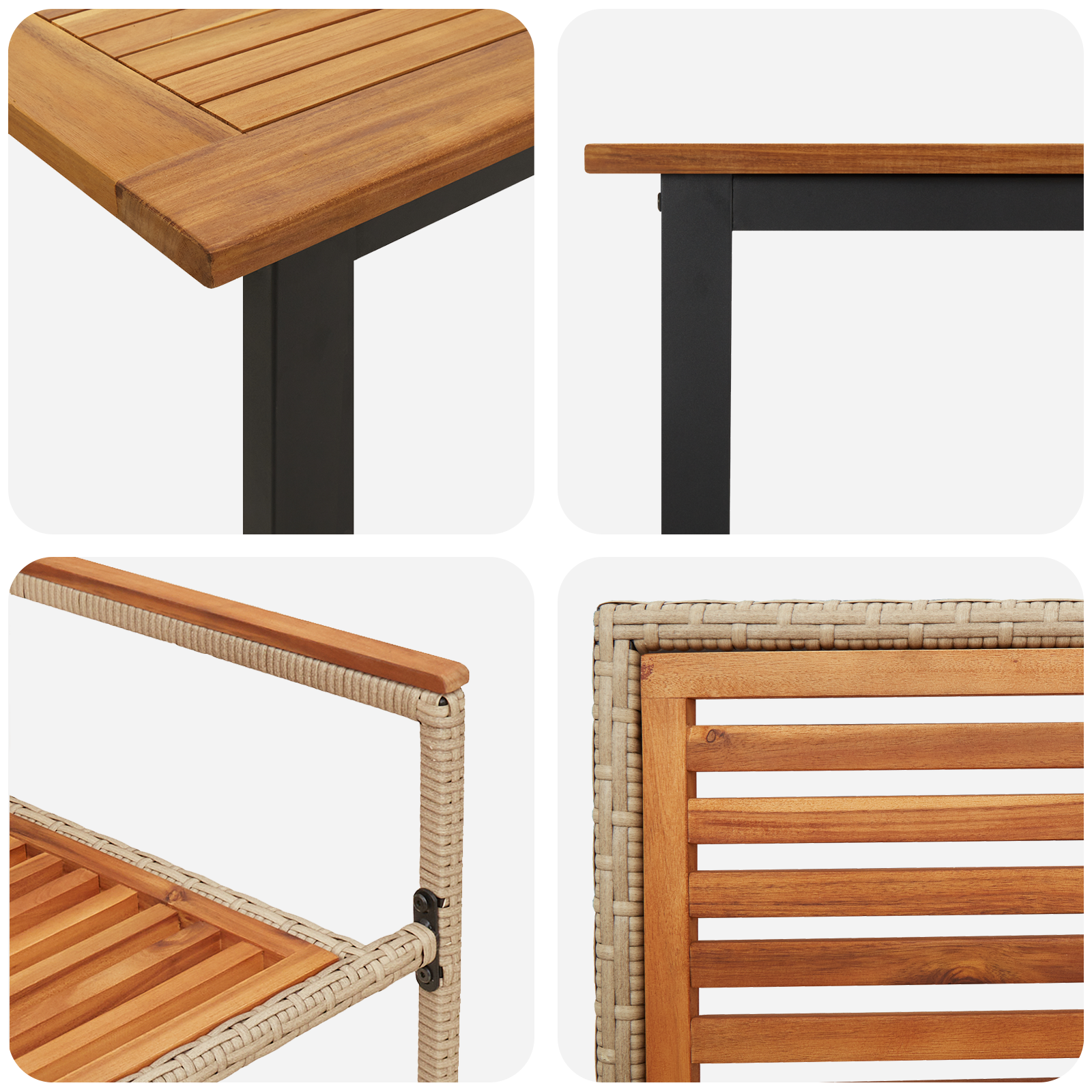 9 Часов комплект за градинска трапезария Бежово полирана ратанова акациева дървесина, vidaXL Стекляващи се градински столове с възглавници - Комплект от 2 в бежова полирана ратан - Image 9