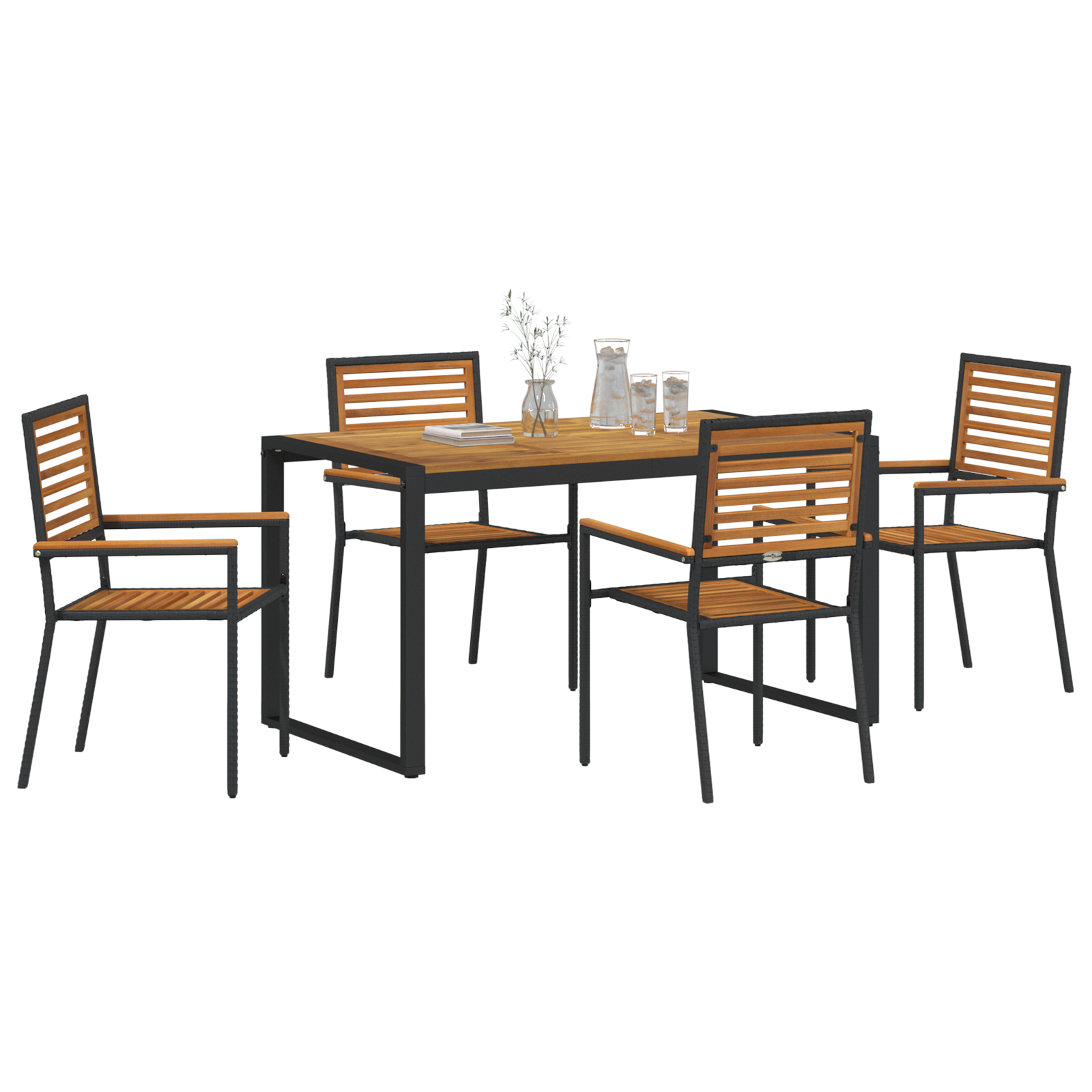 5 Piece Garden Dining Set Black Poly Rattan Acacia - Image 3