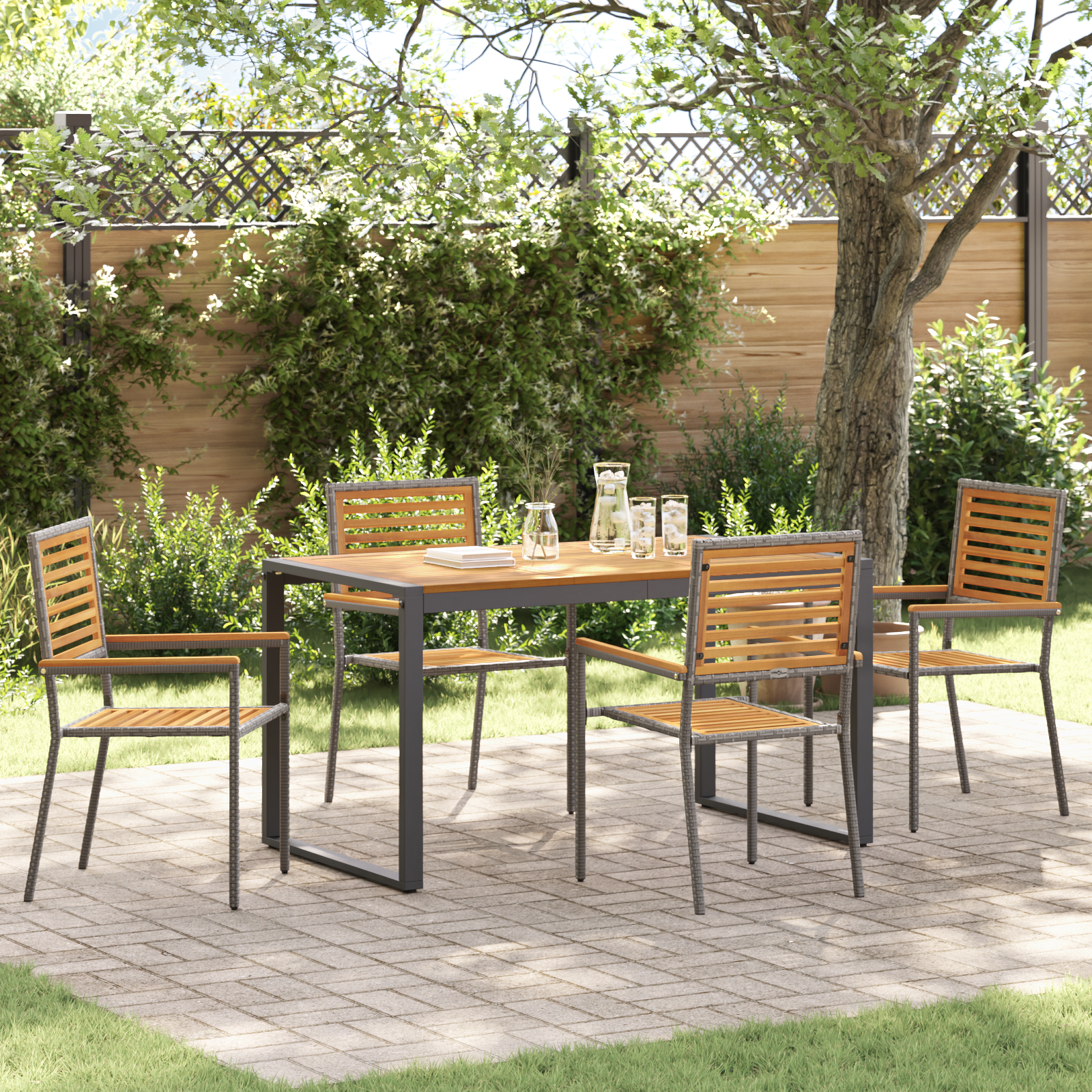 5 Piece Garden Dining Set Grey Poly Rattan Acacia