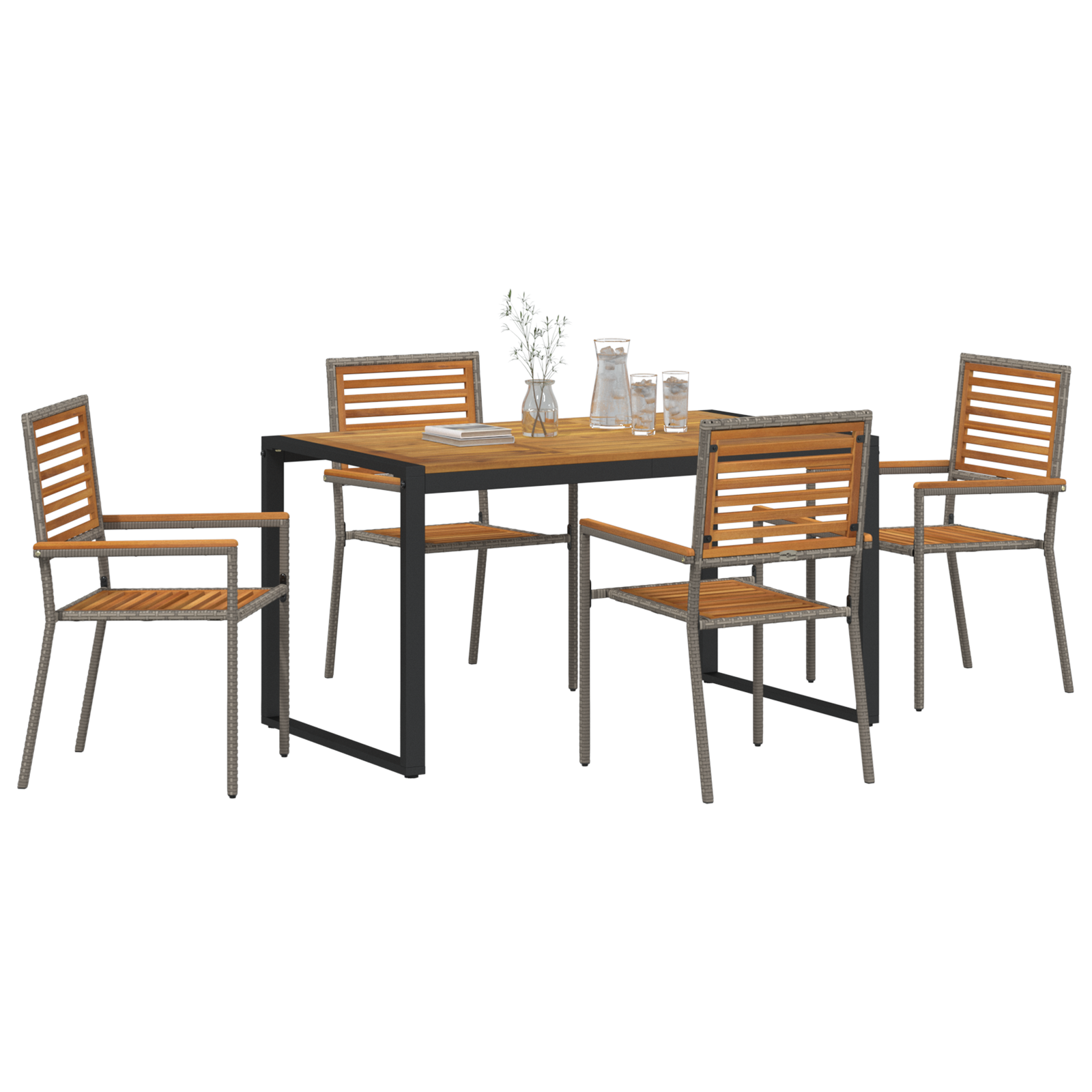 5 Piece Garden Dining Set Grey Poly Rattan Acacia - Image 3