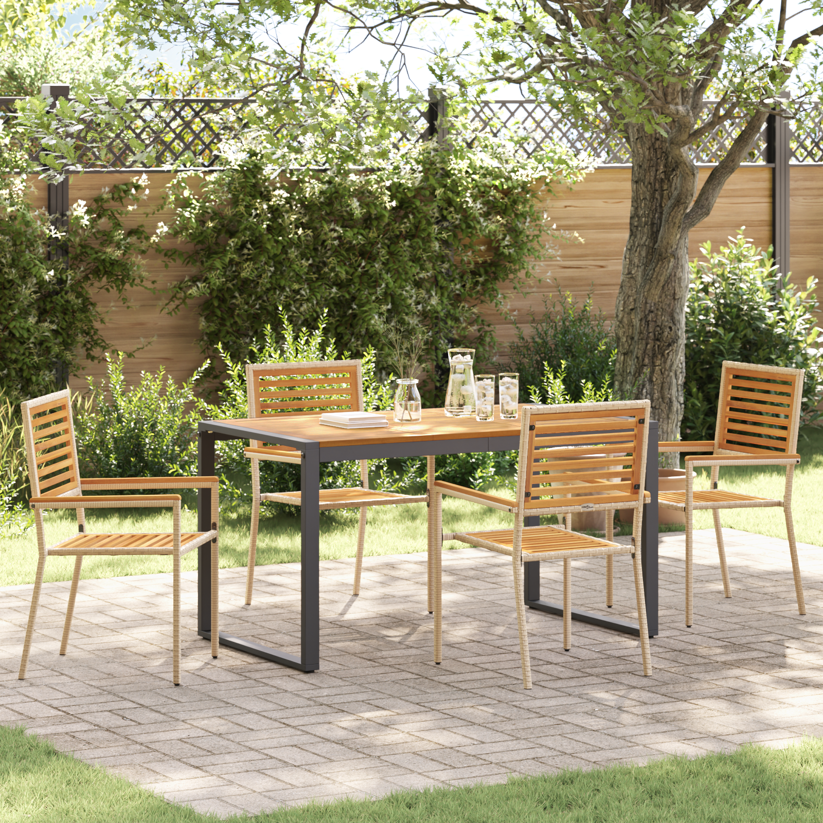 5 Piece Garden Dining Set Beige Poly Rattan Acacia