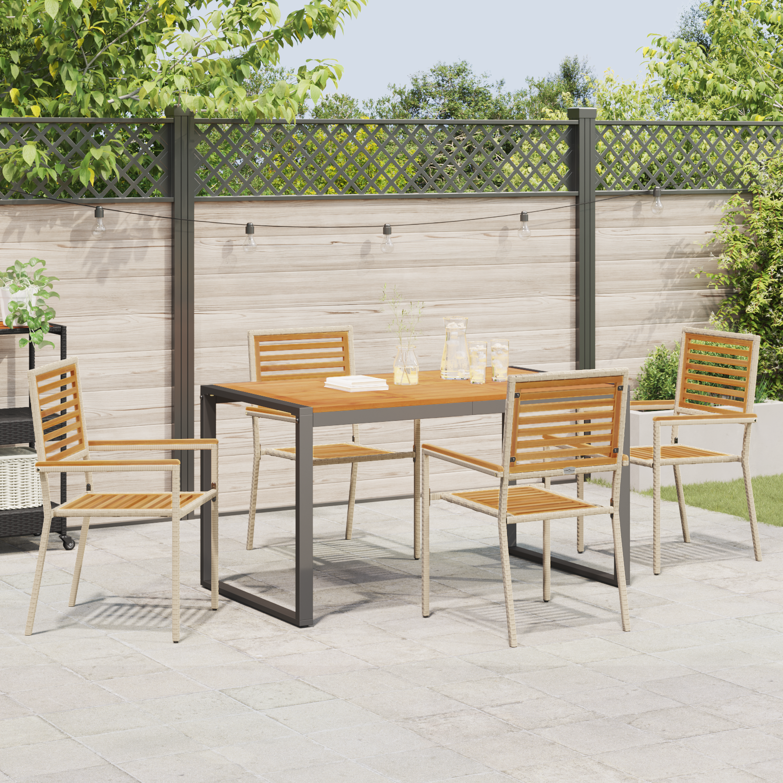 5 Piece Garden Dining Set Beige Poly Rattan Acacia - Image 4