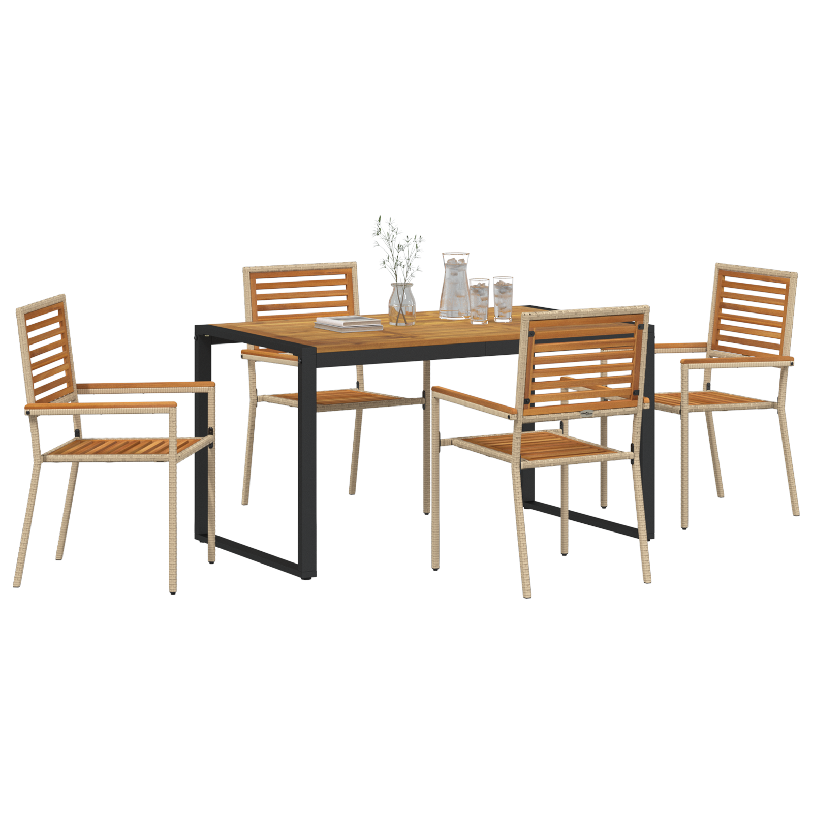 5 Piece Garden Dining Set Beige Poly Rattan Acacia - Image 3