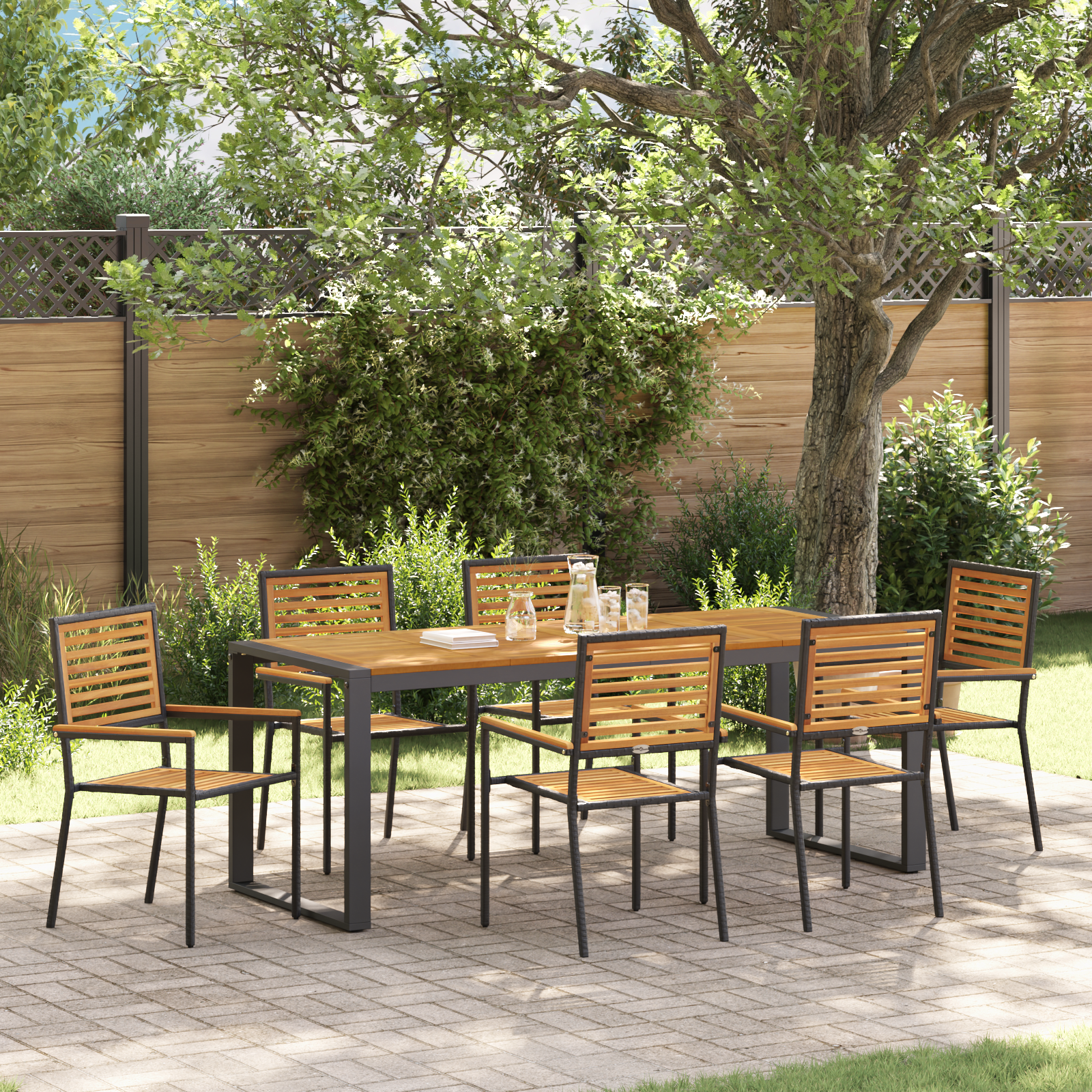 7 Piece Garden Dining Set Black Poly Rattan Acacia