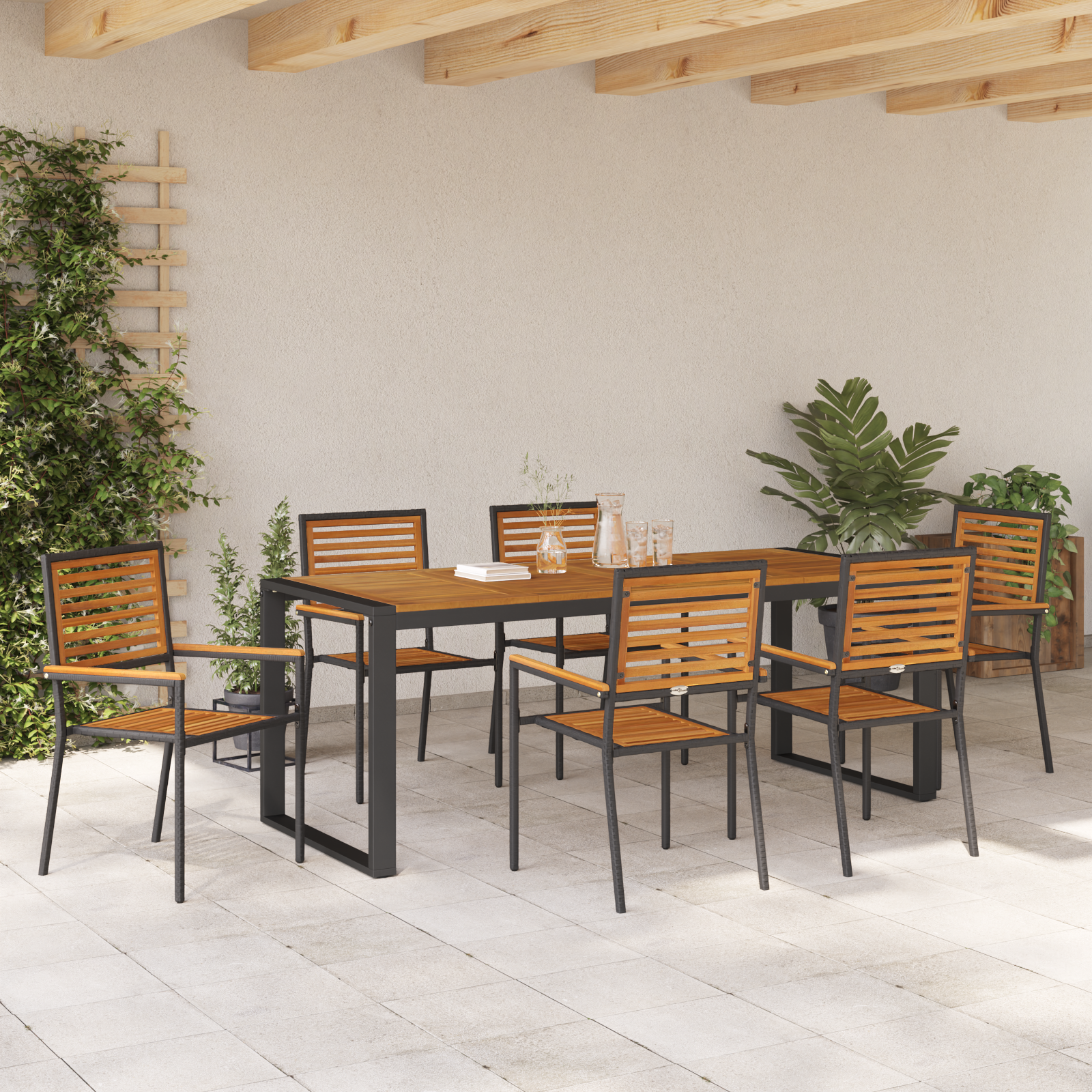7 Piece Garden Dining Set Black Poly Rattan Acacia - Image 4