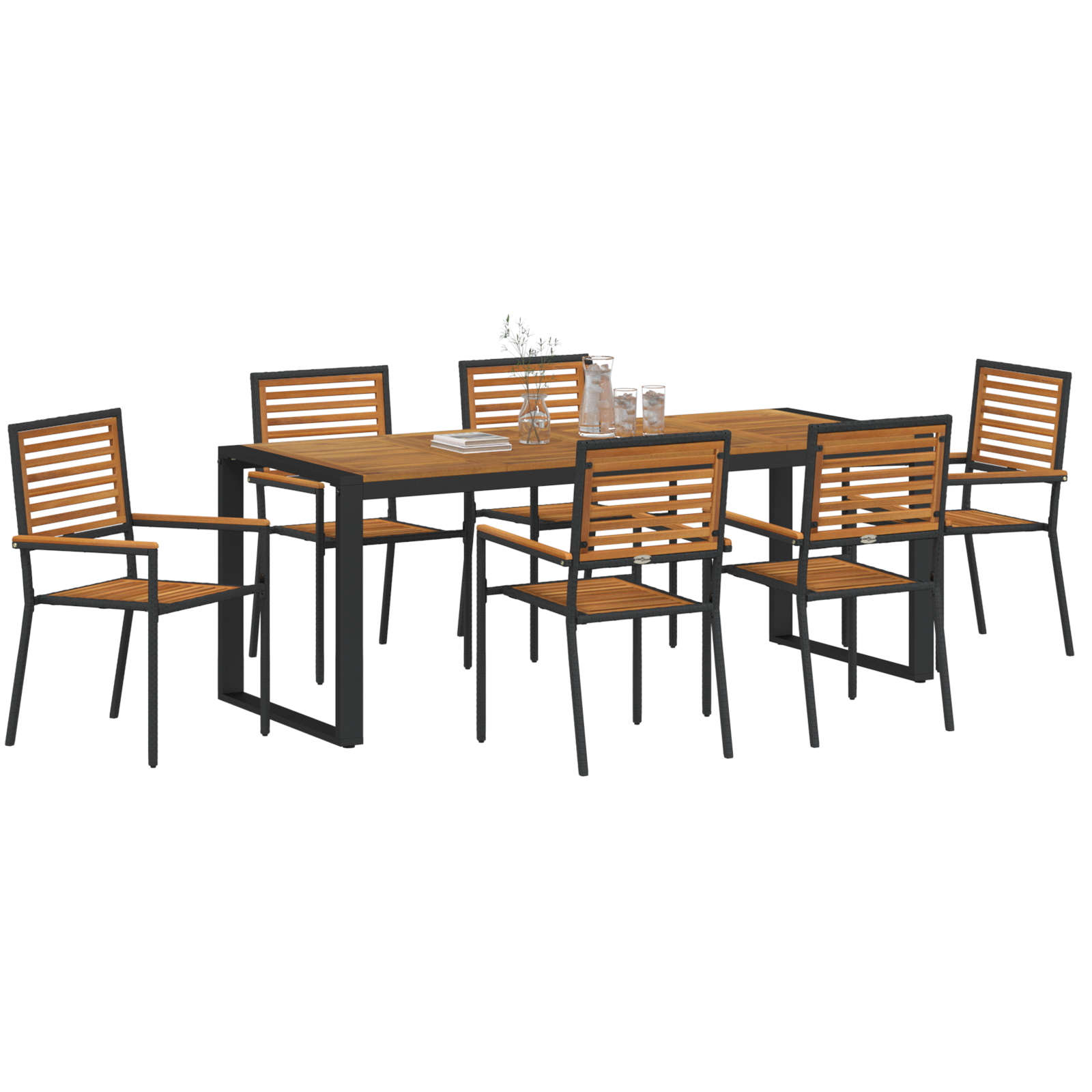 7 Piece Garden Dining Set Black Poly Rattan Acacia - Image 3
