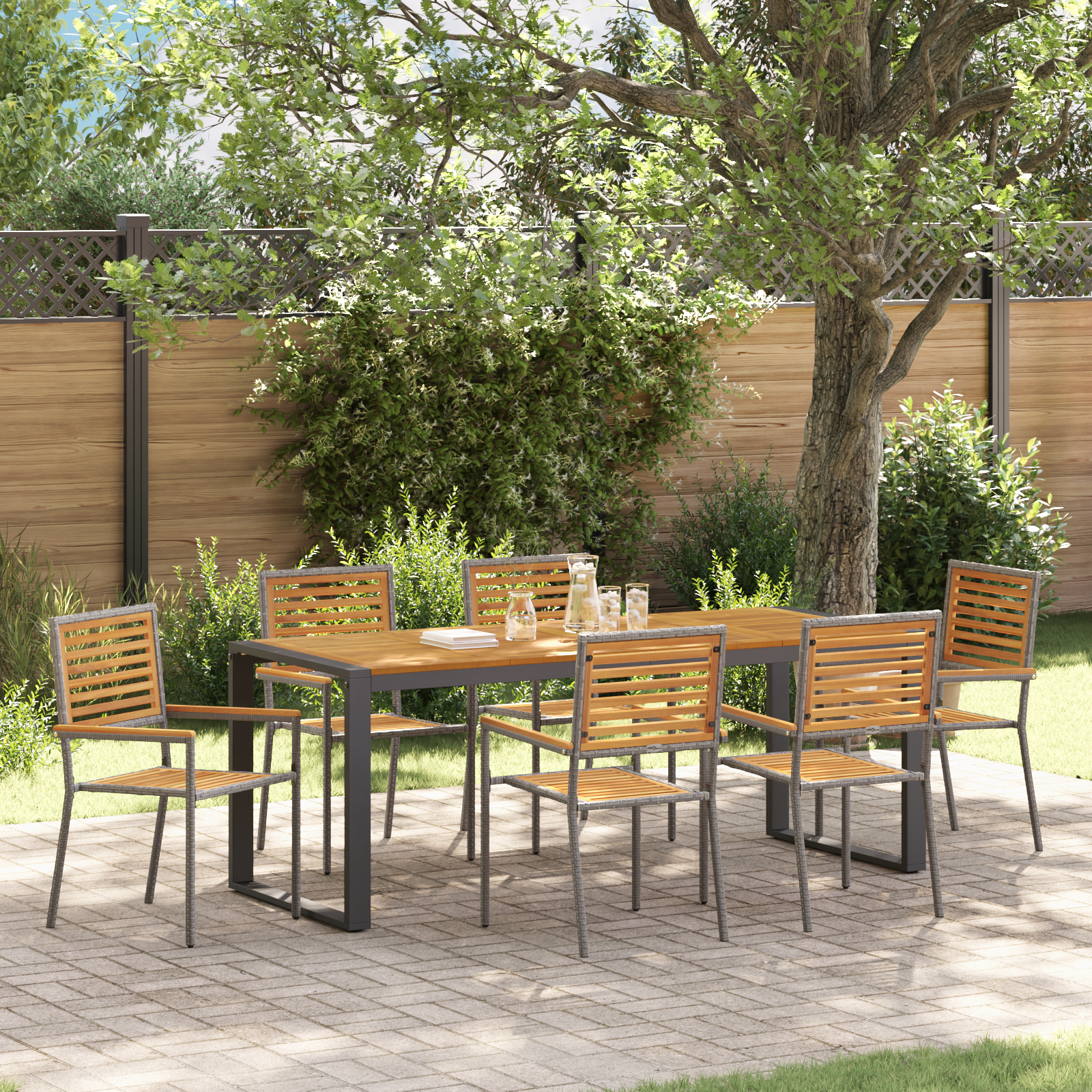 7 Piece Garden Dining Set Grey Poly Rattan Acacia