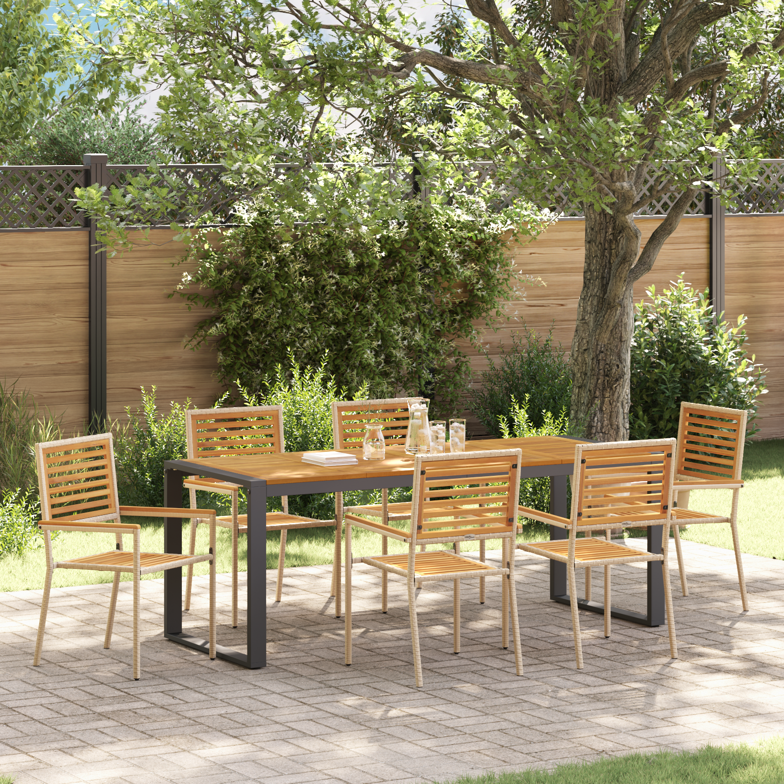 7 Piece Garden Dining Set Beige Poly Rattan Acacia