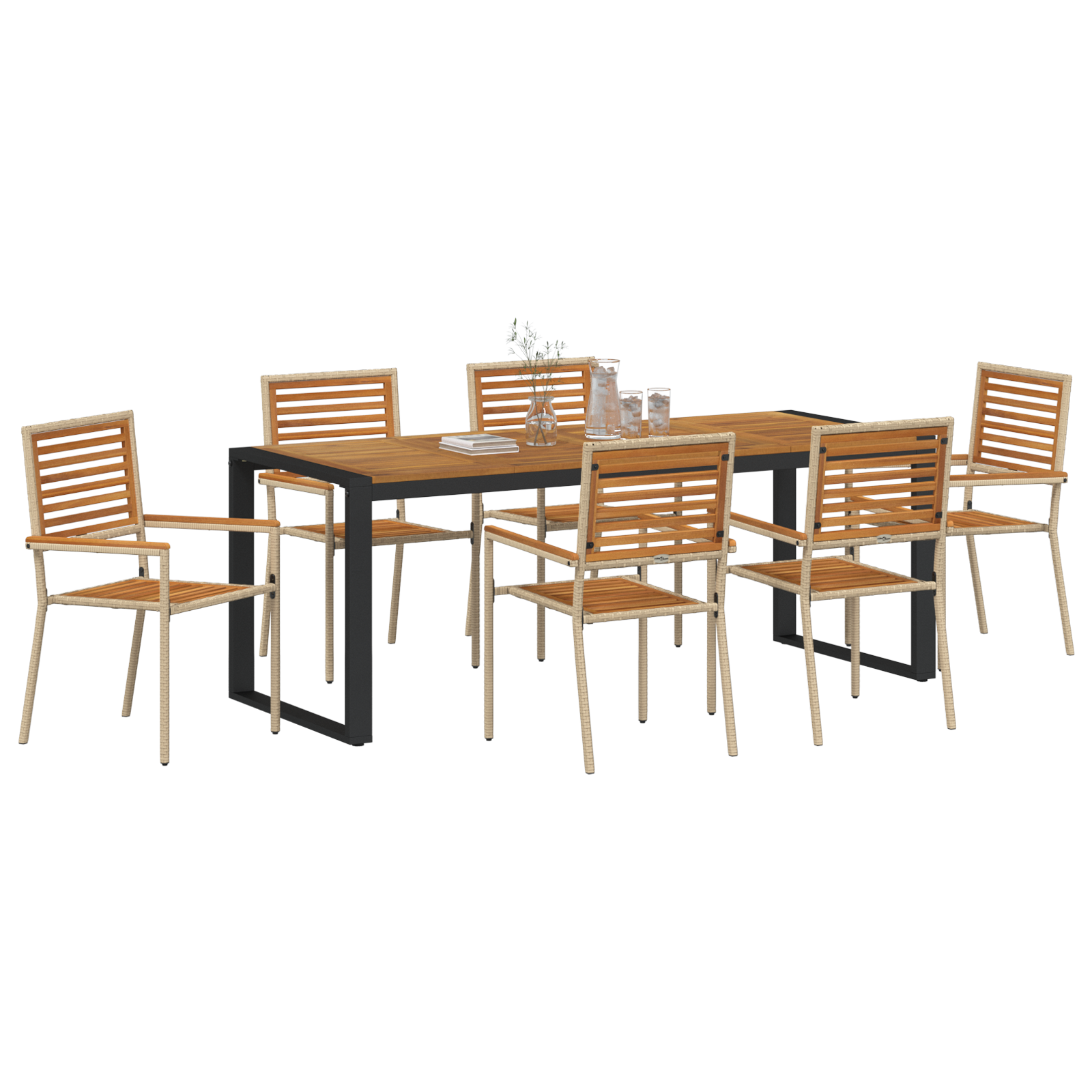7 Piece Garden Dining Set Beige Poly Rattan Acacia - Image 3