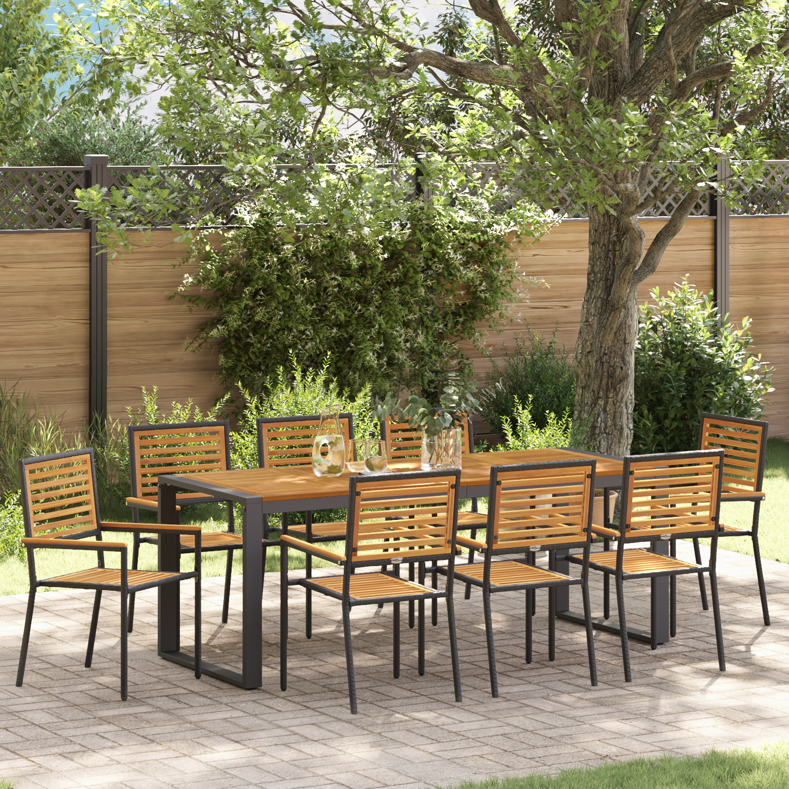 9 Piece Garden Dining Set Black Poly Rattan Acacia