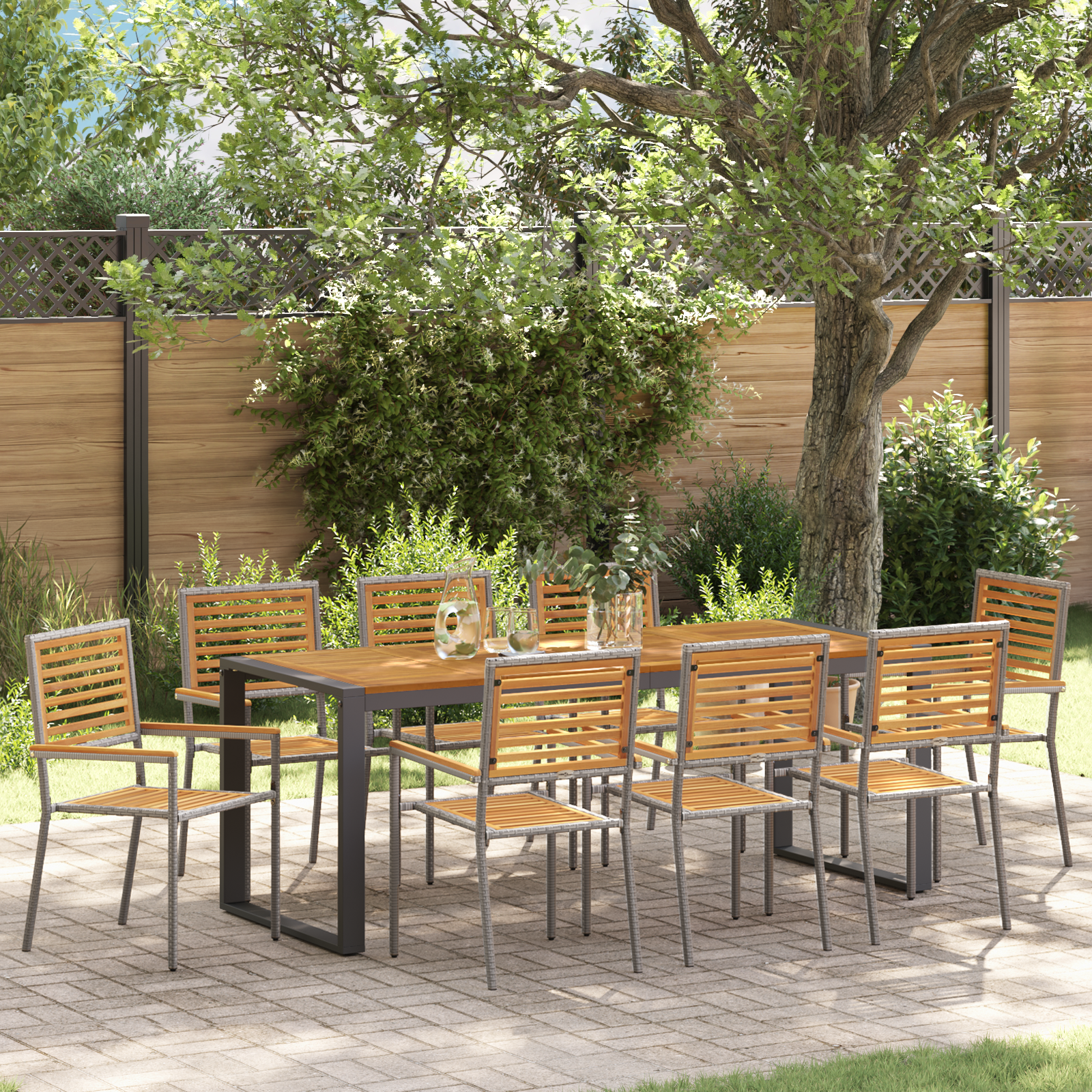 9 Piece Garden Dining Set Grey Poly Rattan Acacia