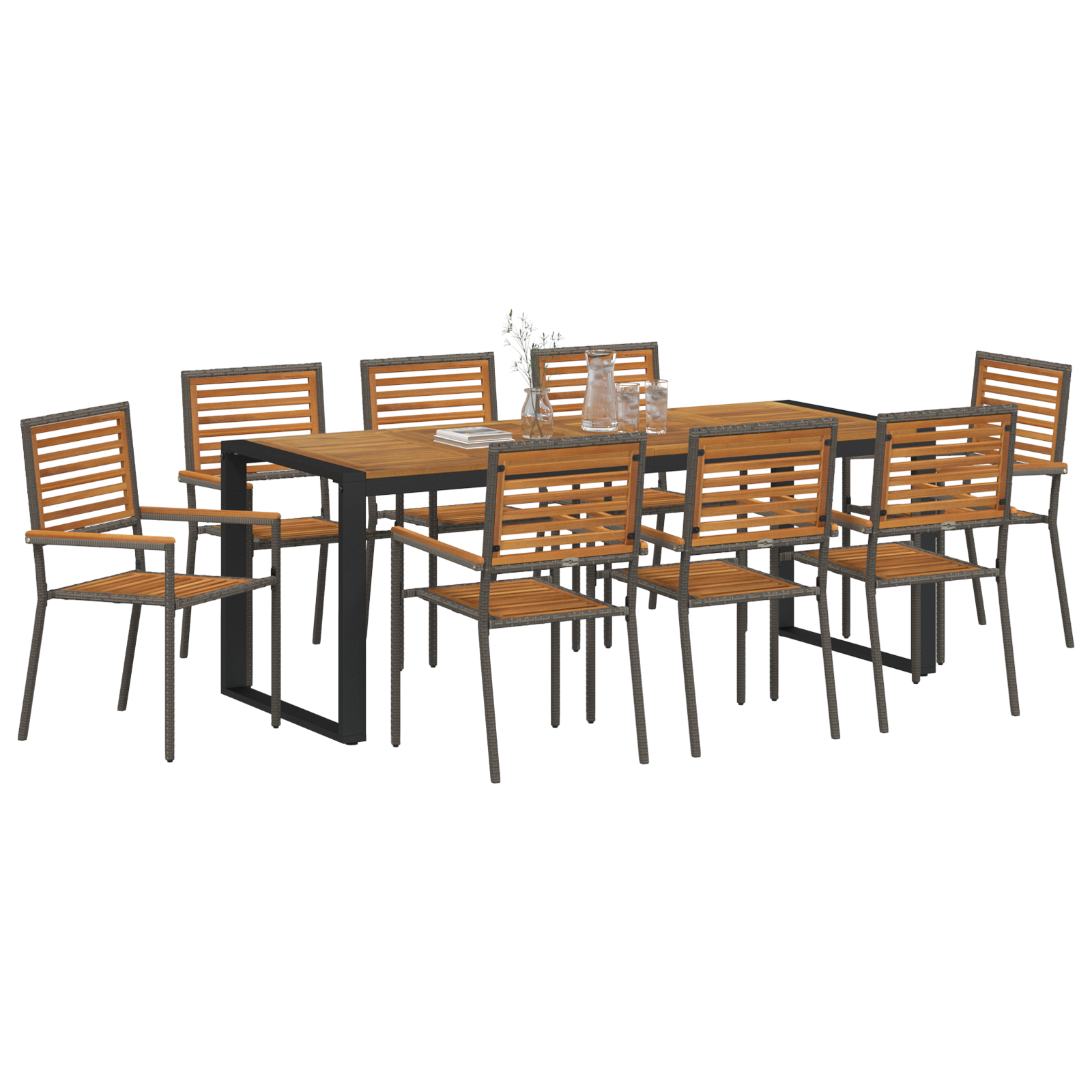 9 Piece Garden Dining Set Grey Poly Rattan Acacia - Image 3