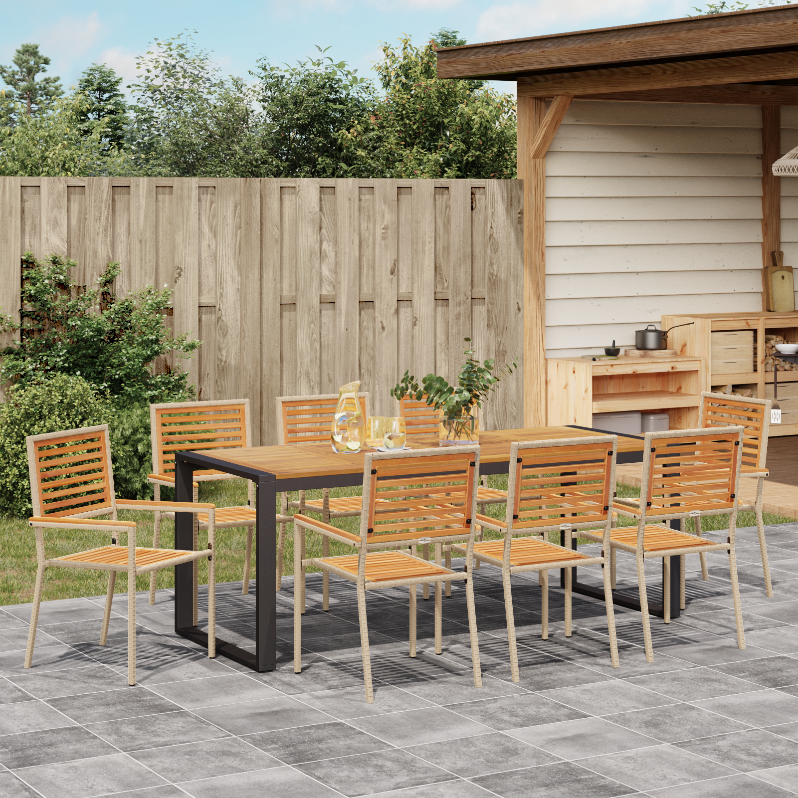 9 Piece Garden Dining Set Beige Poly Rattan Acacia - Image 4