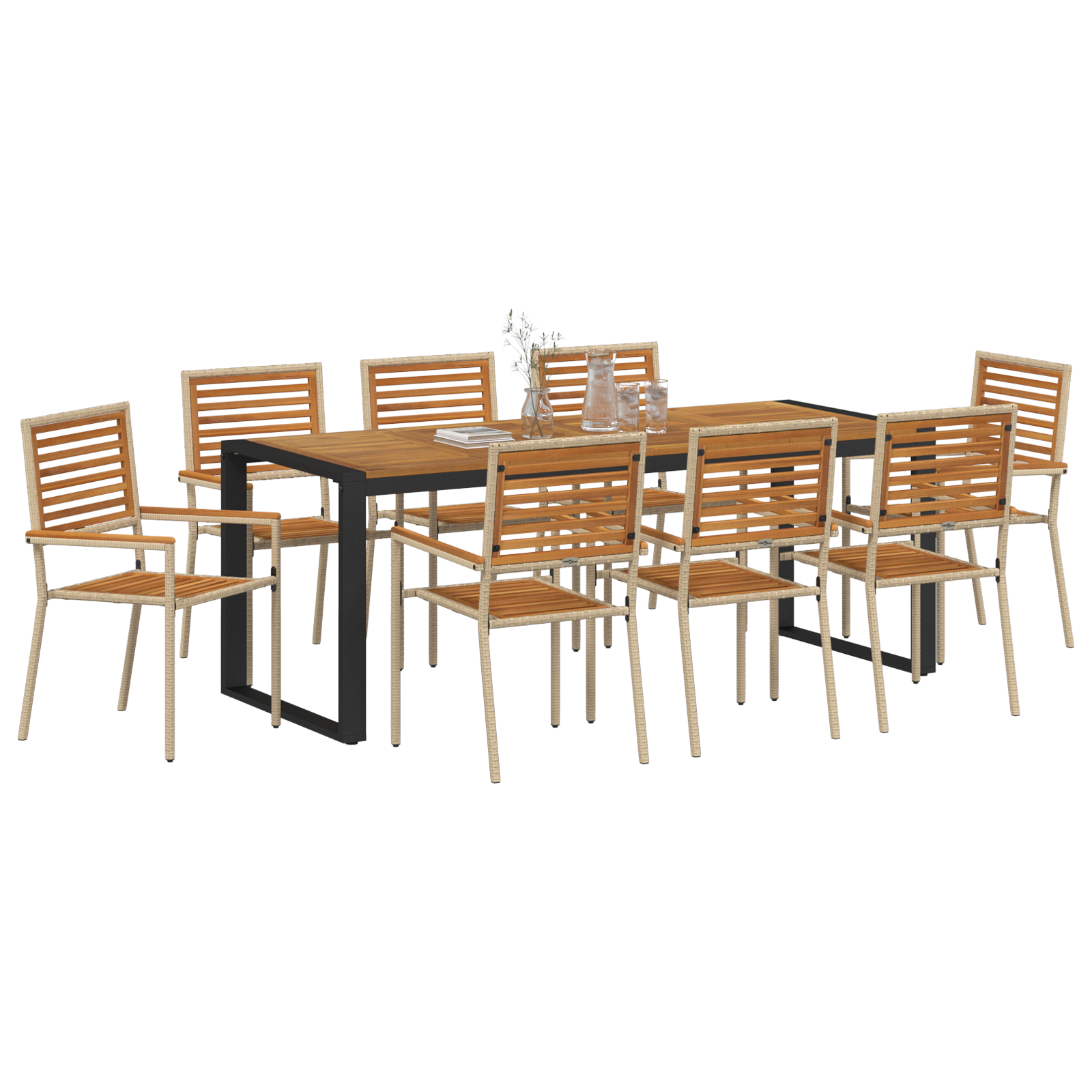 9 Piece Garden Dining Set Beige Poly Rattan Acacia - Image 3