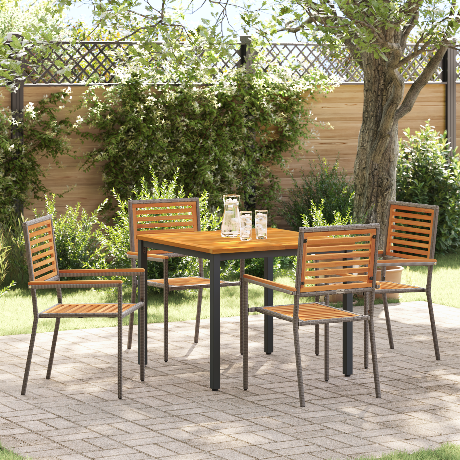 5-delige tuin eetset Grijs Poly Rattan Acacia, stapelbare tuinstoelen met kussens 2 stuks Grijs Poly Rattan, tuintafel 90x90x75 cm Massief acacia hout en metaal