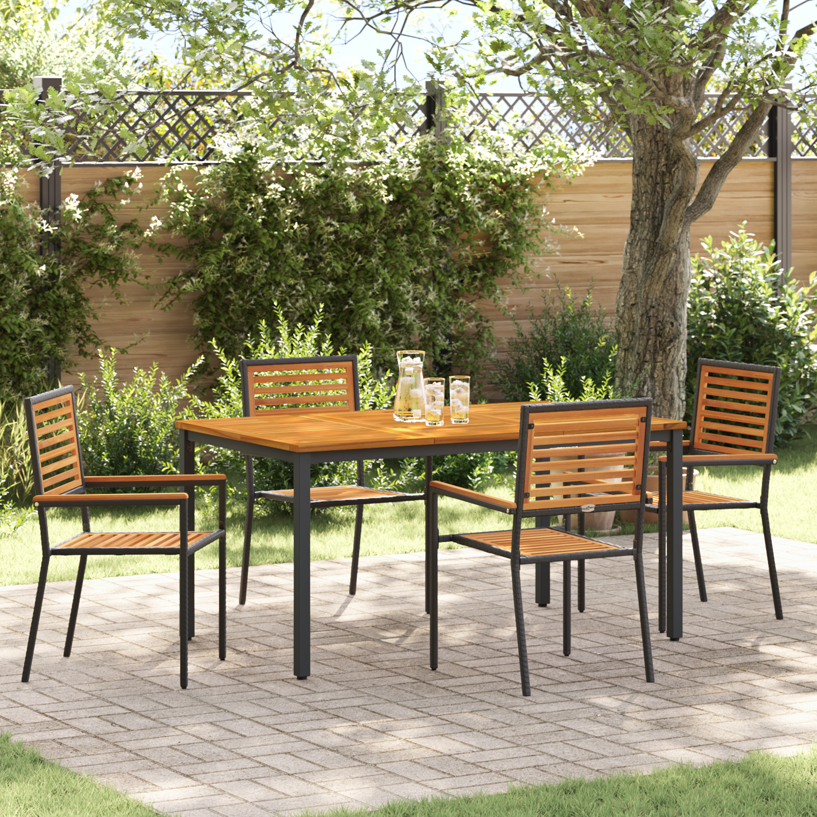 5 Piece Garden Dining Set Black Poly Rattan Acacia