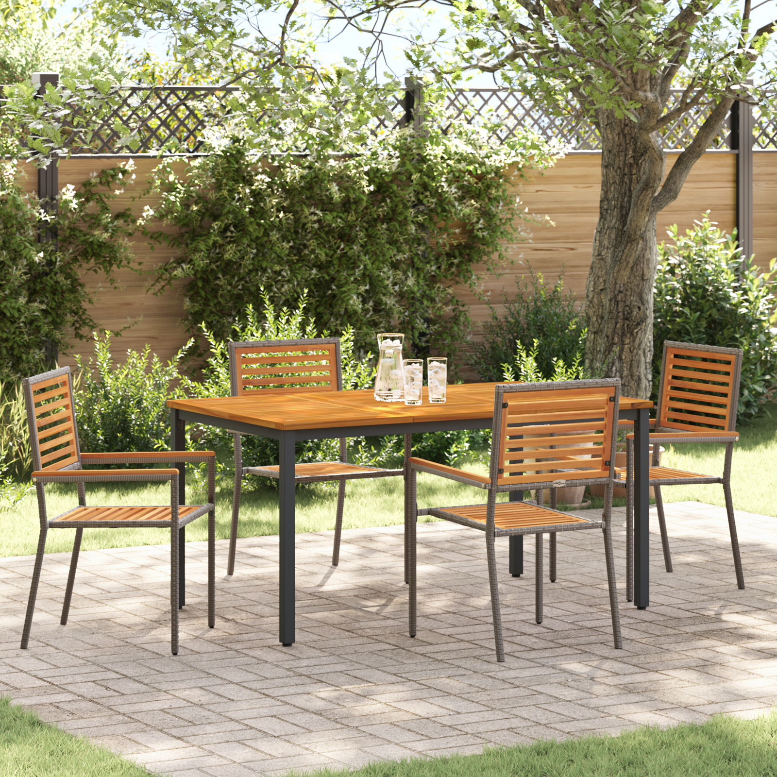 5 Piece Garden Dining Set Grey Poly Rattan Acacia