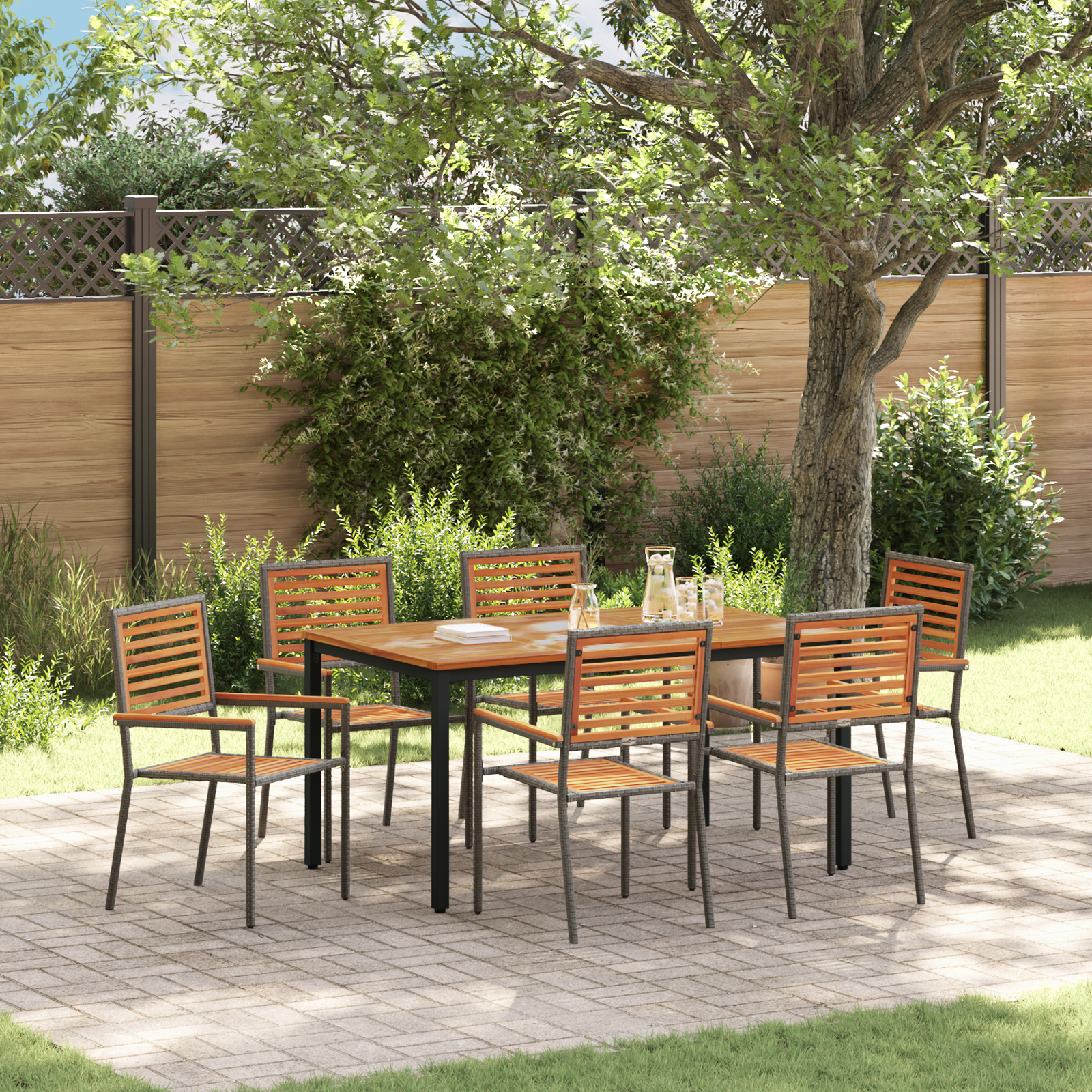 7 Piece Garden Dining Set Grey Poly Rattan Acacia