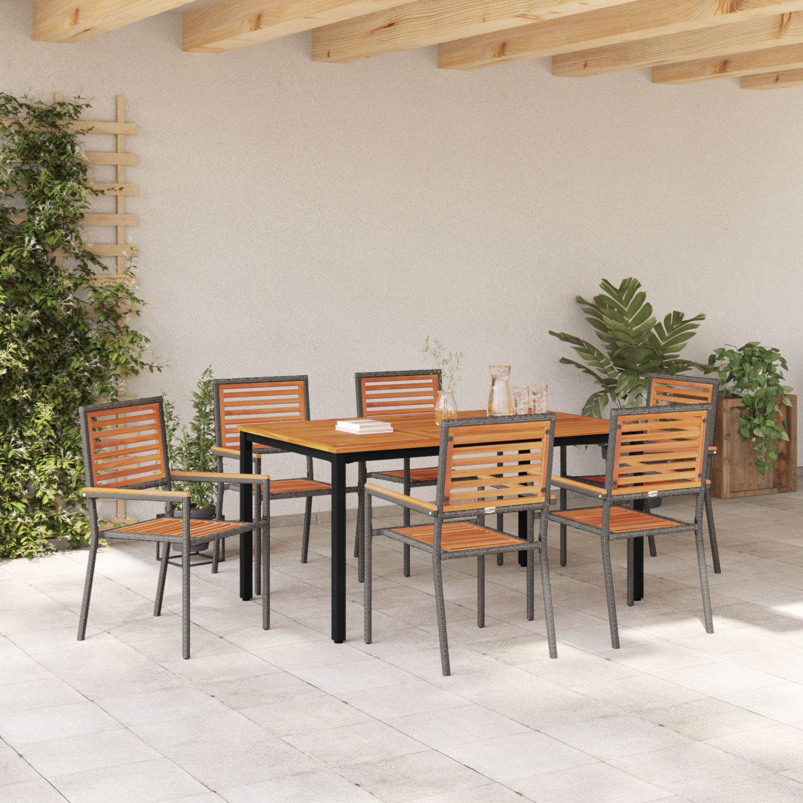 7 Piece Garden Dining Set Grey Poly Rattan Acacia - Image 4