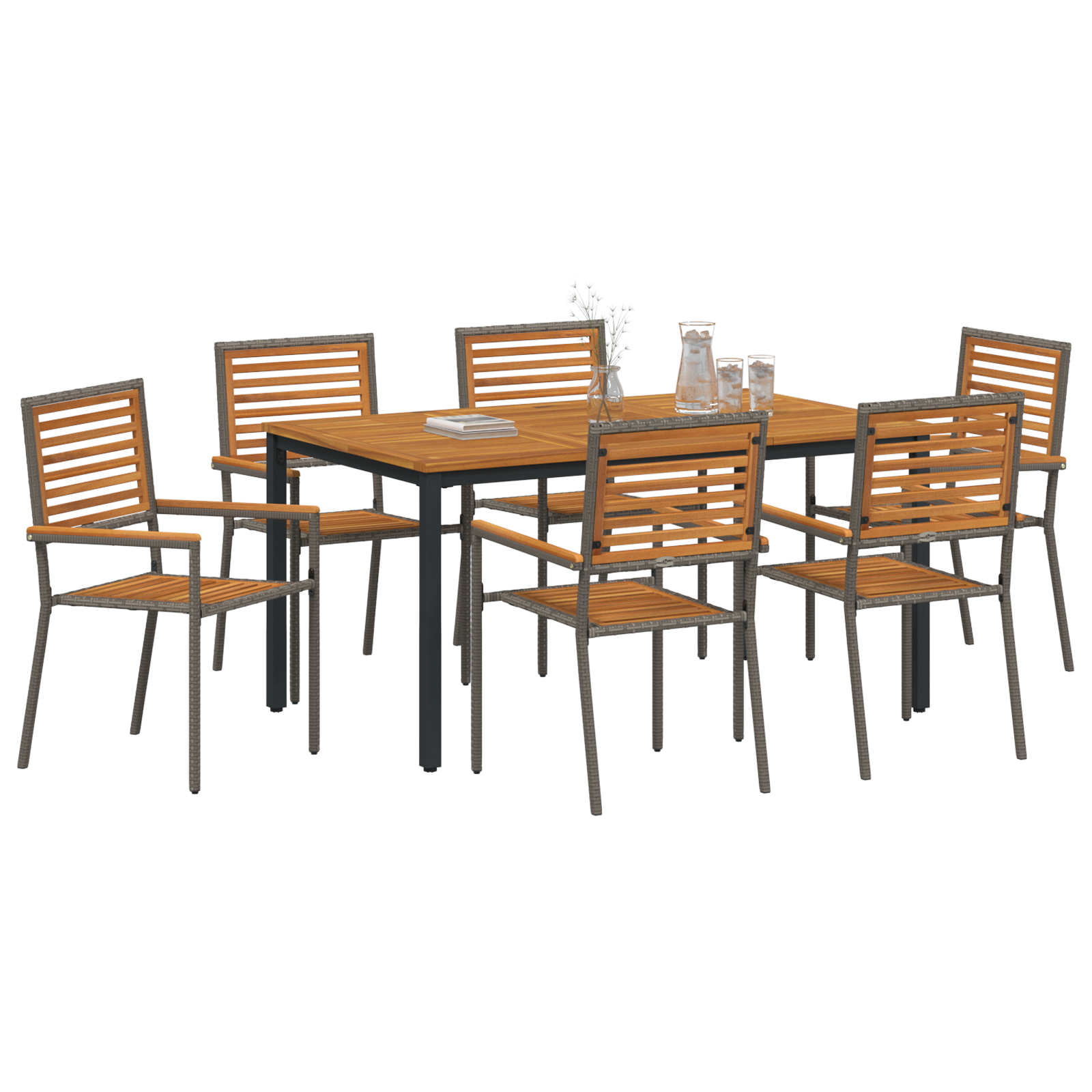 7 Piece Garden Dining Set Grey Poly Rattan Acacia - Image 3