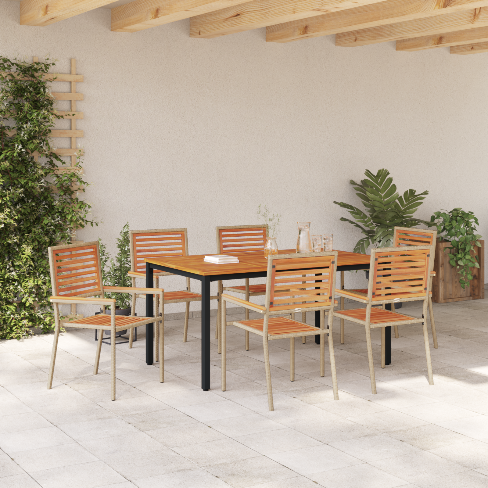 7 Piece Garden Dining Set Beige Poly Rattan Acacia - Image 4