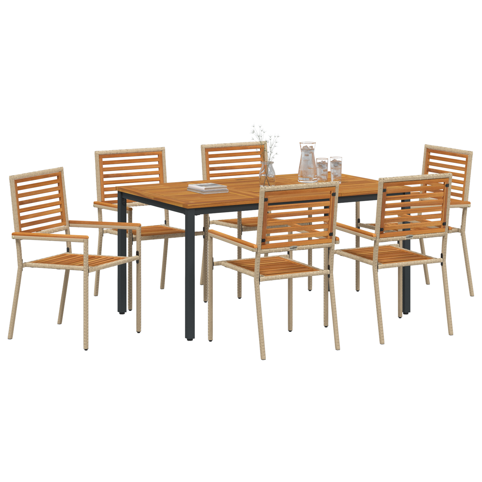 7 Piece Garden Dining Set Beige Poly Rattan Acacia - Image 3