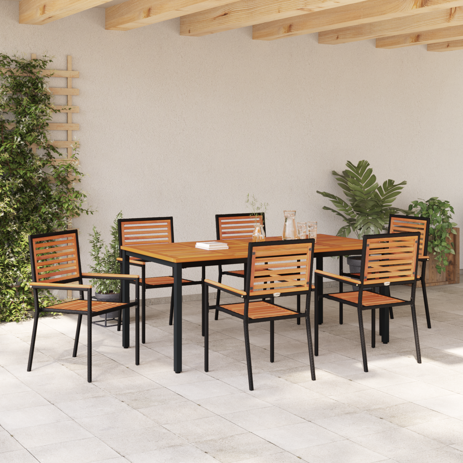 7 Piece Garden Dining Set Black Poly Rattan Acacia - Image 4
