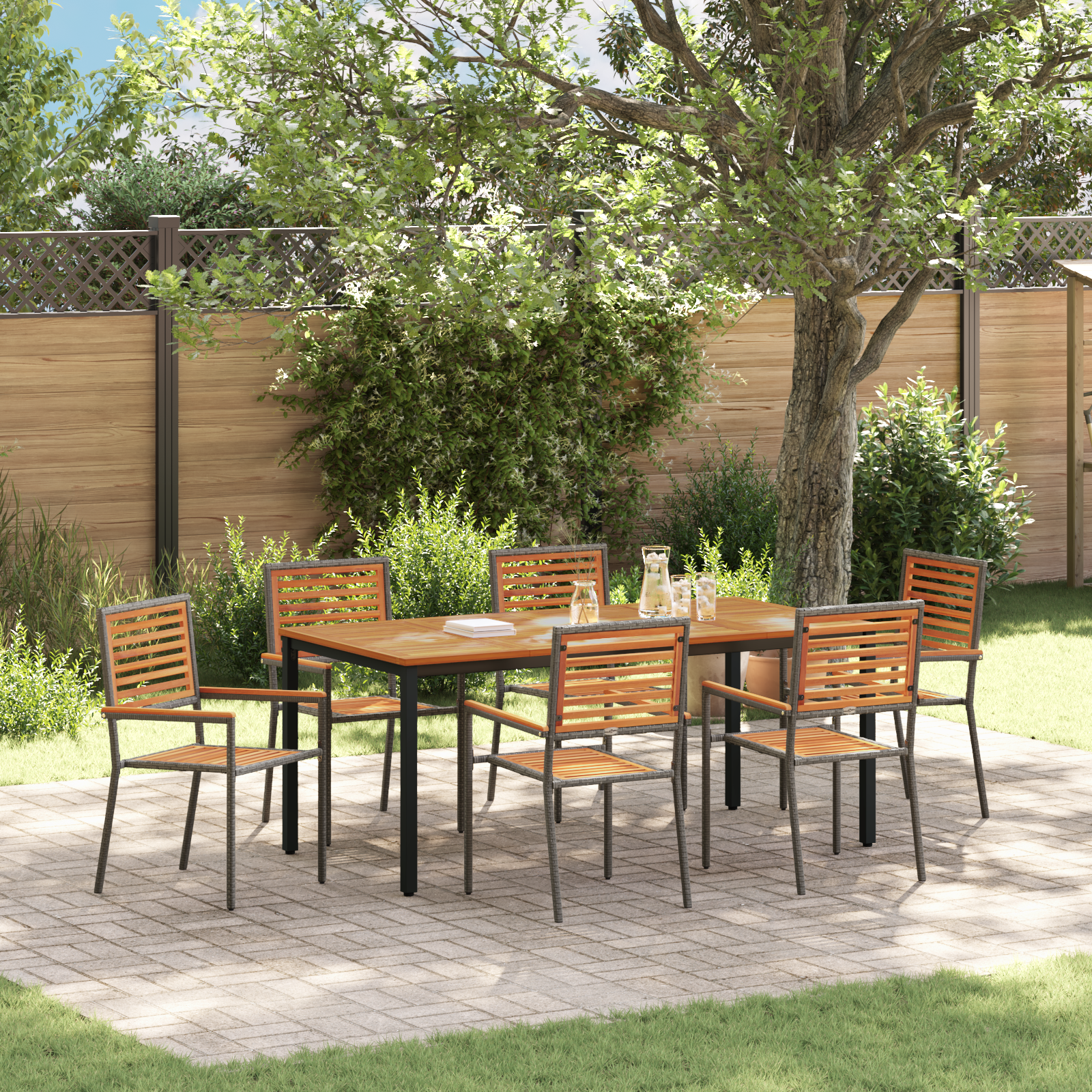 7 Piece Garden Dining Set Grey Poly Rattan Acacia