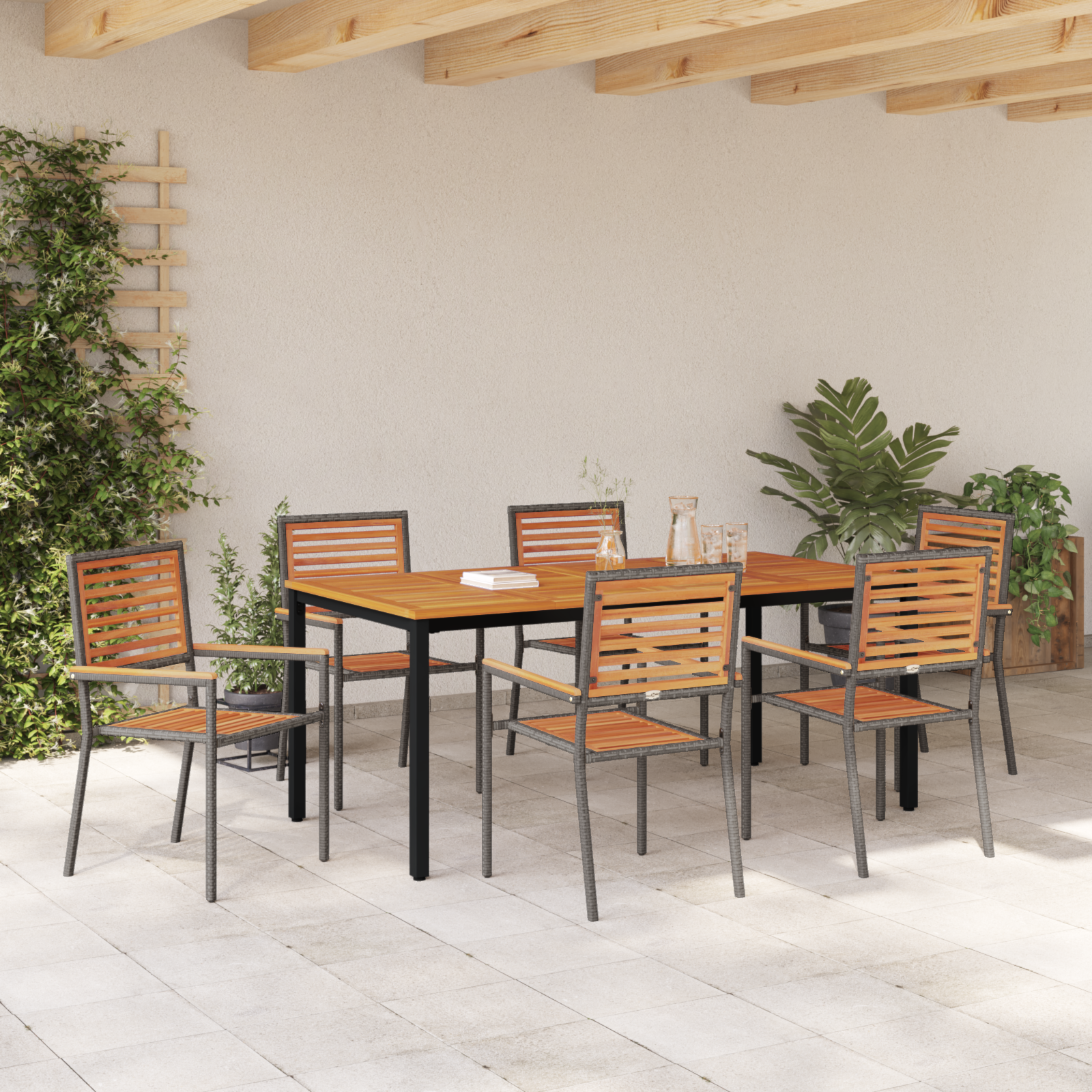 7 Piece Garden Dining Set Grey Poly Rattan Acacia - Image 4