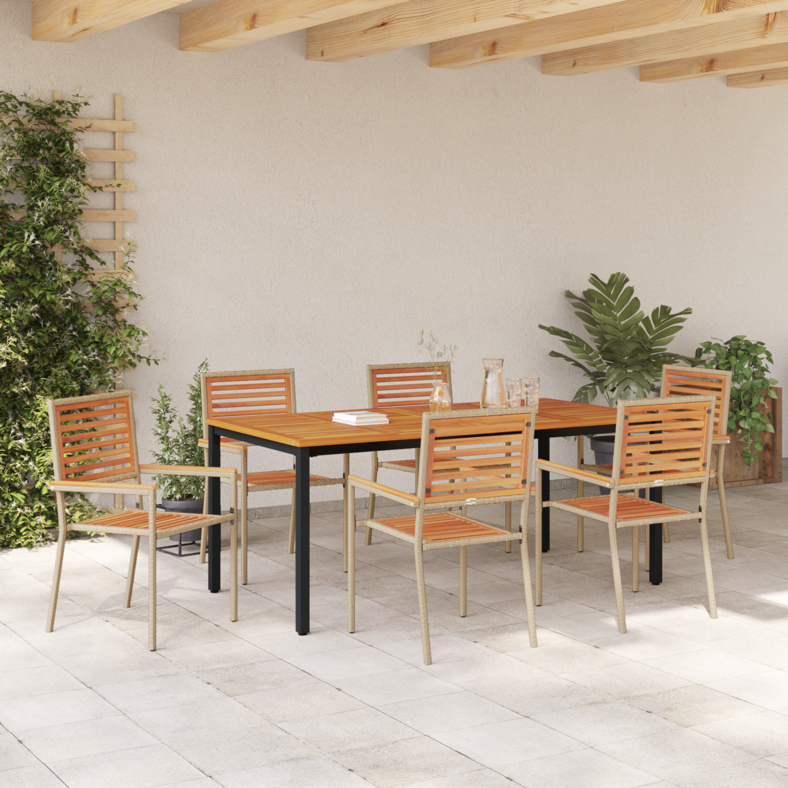 7 Piece Garden Dining Set Beige Poly Rattan Acacia - Image 4