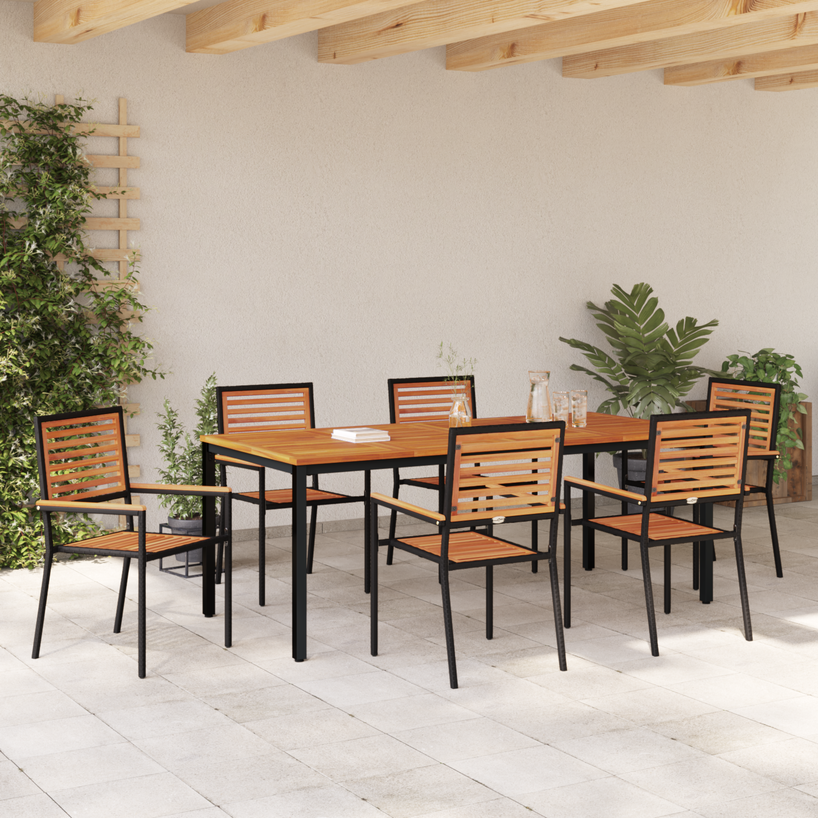 7 Piece Garden Dining Set Black Poly Rattan Acacia - Image 4