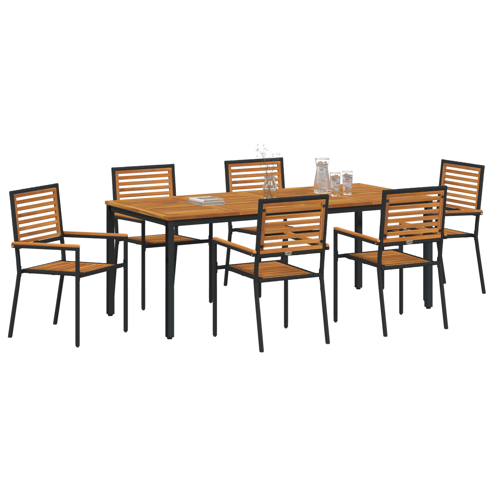 7 Piece Garden Dining Set Black Poly Rattan Acacia - Image 3