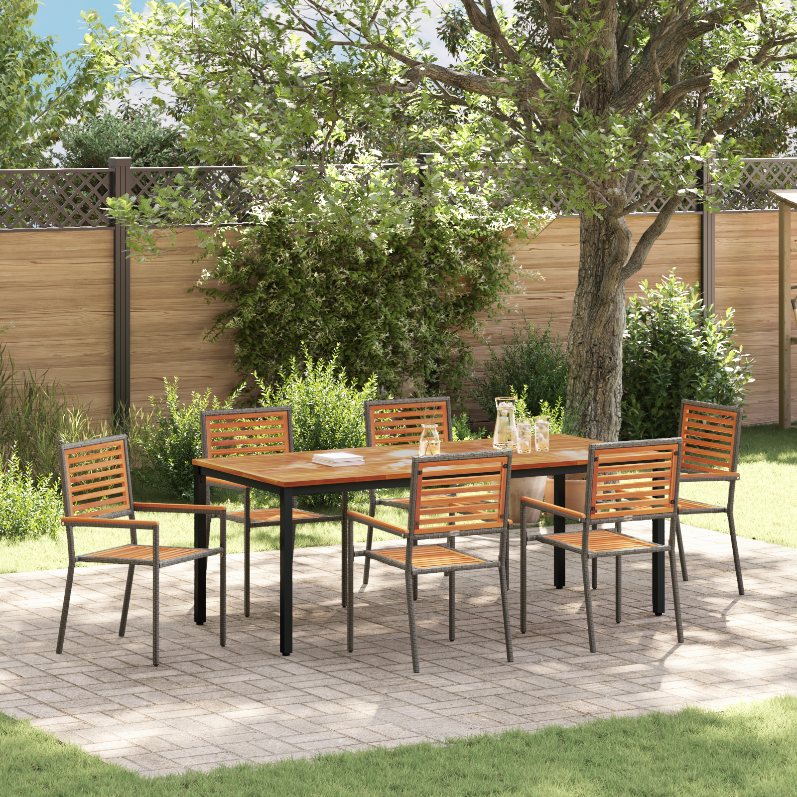 7 Piece Garden Dining Set Grey Poly Rattan Acacia